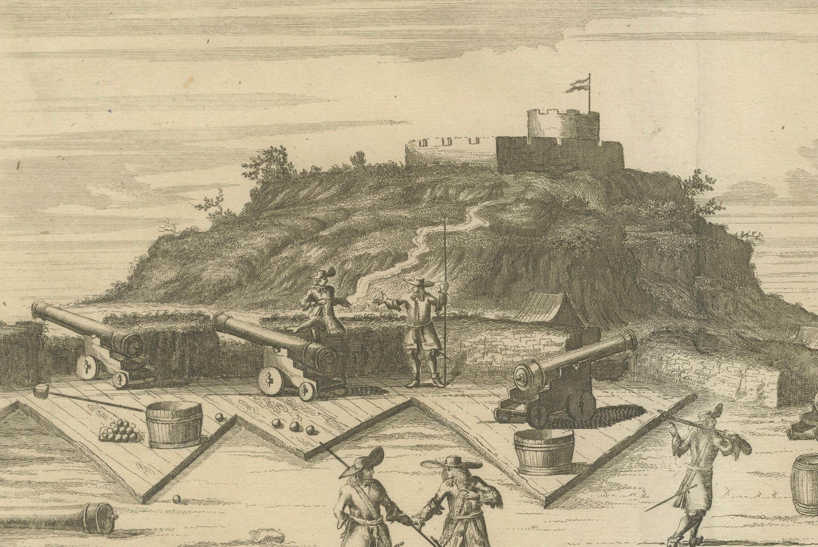 Français Fort Nassau sur l'île de Gorée - Gravure coloniale hollandaise, c.1700 en vente