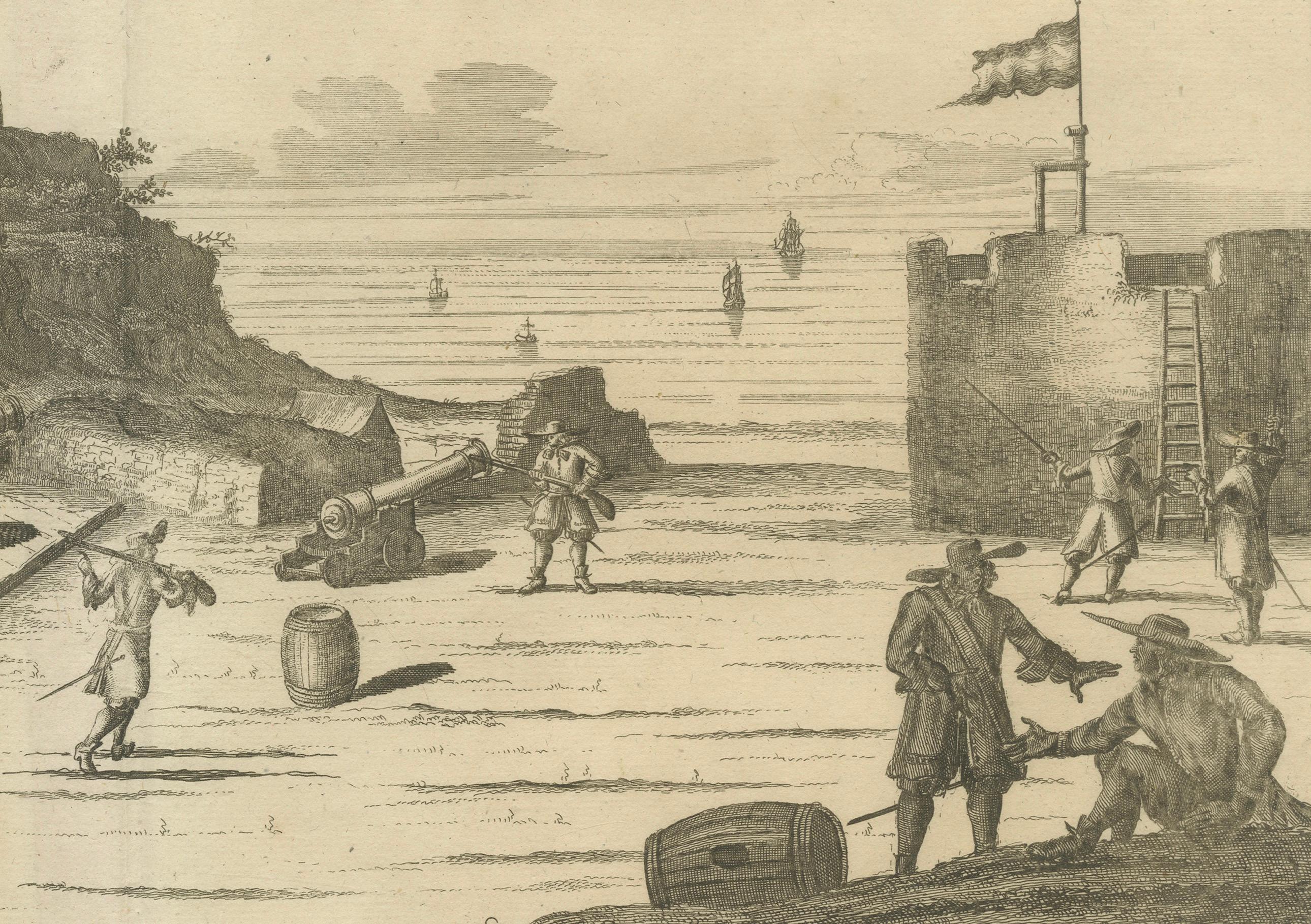 Gravé Fort Nassau sur l'île de Gorée - Gravure coloniale hollandaise, c.1700 en vente