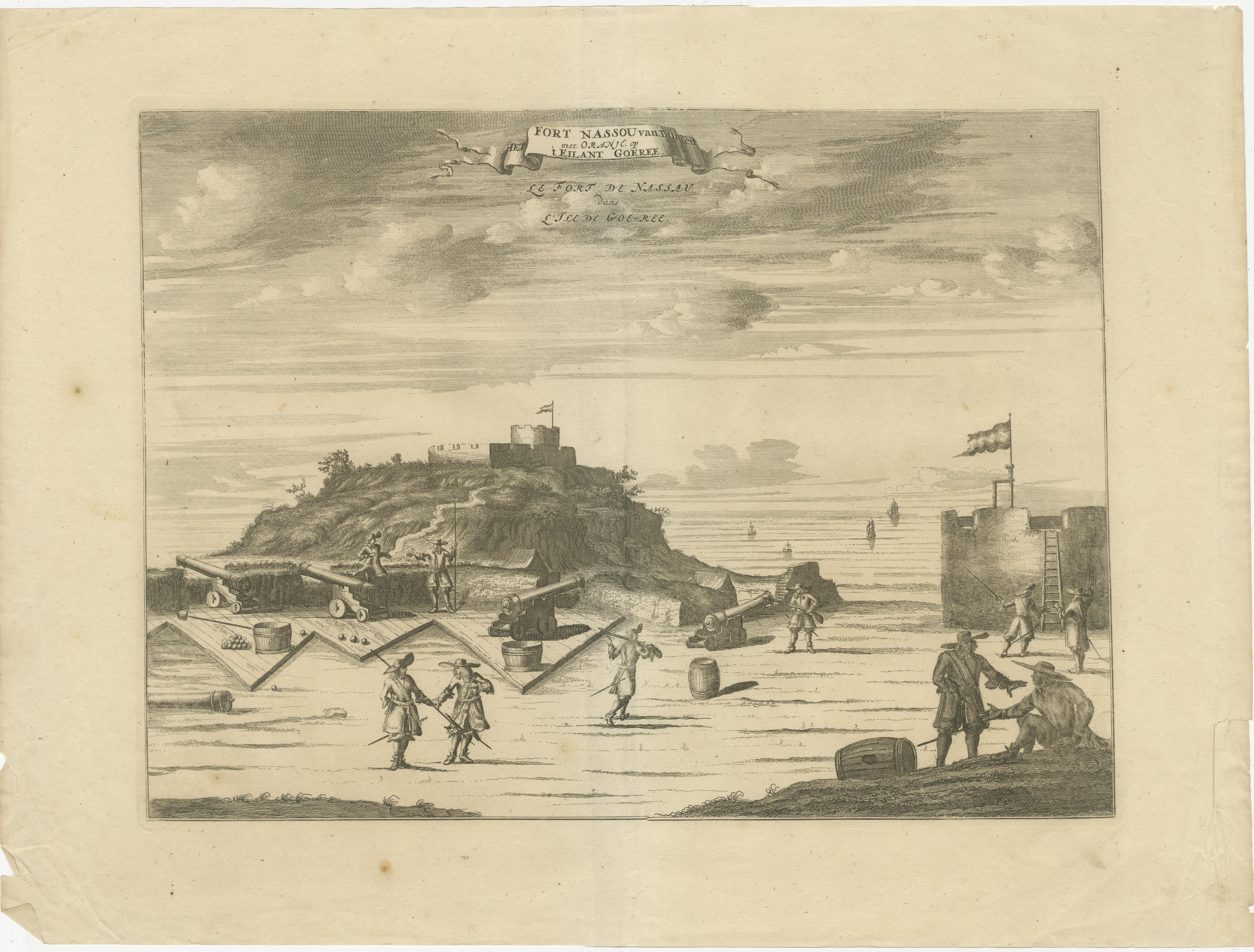 Fin du XVIIIe siècle Fort Nassau sur l'île de Gorée - Gravure coloniale hollandaise, c.1700 en vente