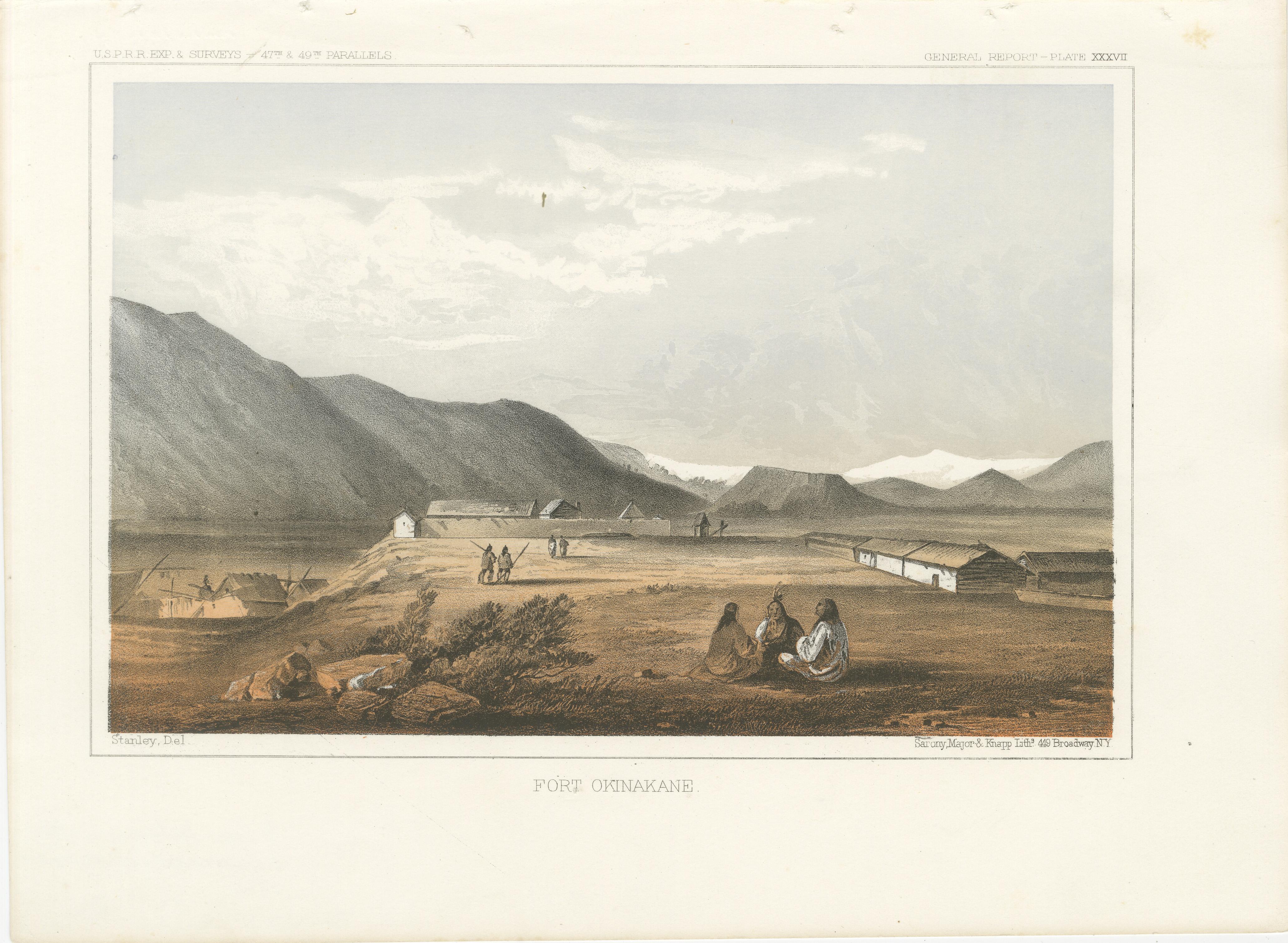 Titel: Fort Okinakane - getönte Lithographie aus der Vermessung der Pazifik-Eisenbahn, 1856  

Beschreibung:  
Diese historische Lithografie 