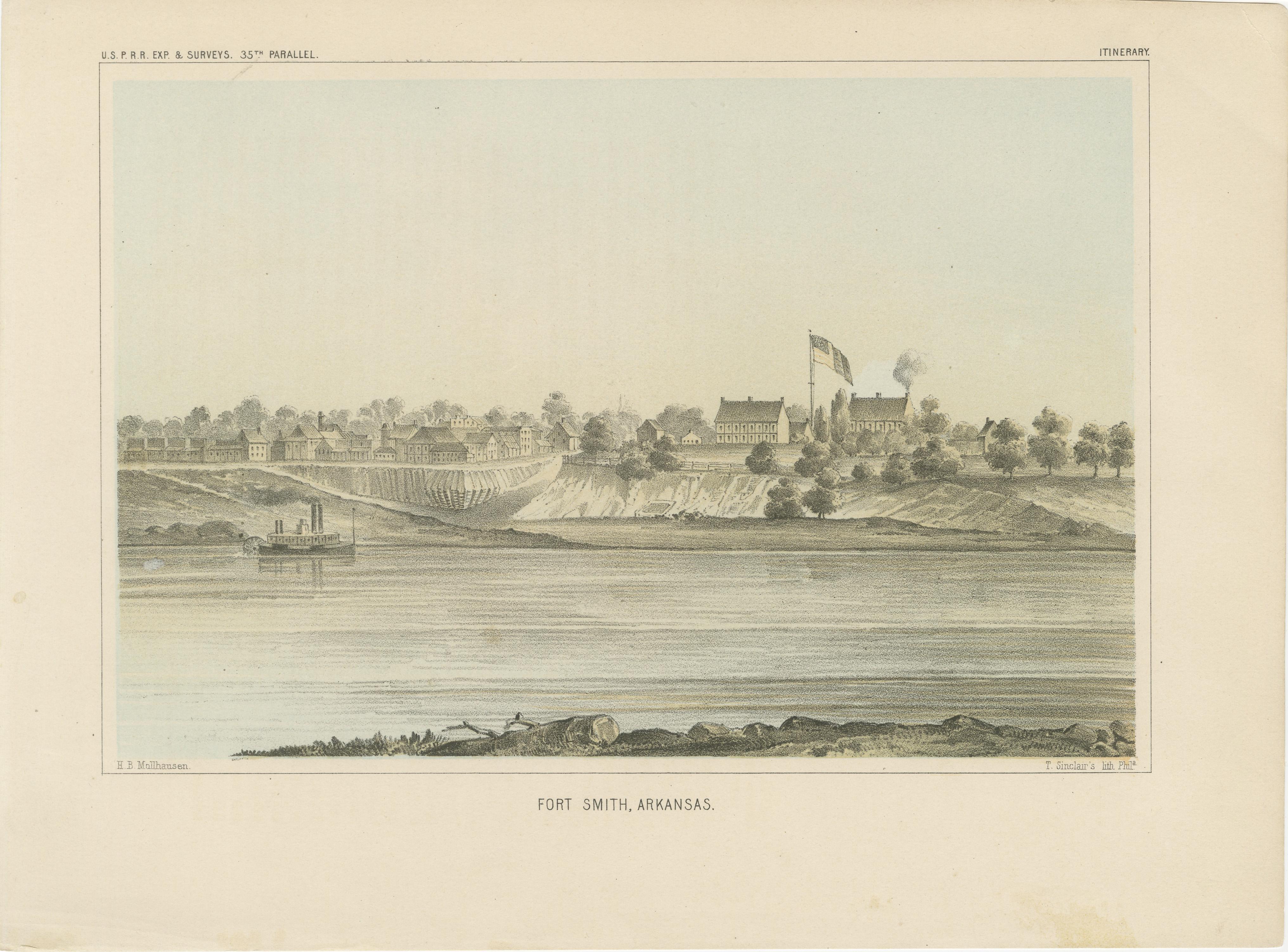 Title: Fort Smith, Arkansas – Rare 19th Century Lithograph of Frontier History

Description: 

This finely detailed lithograph showcases Fort Smith, Arkansas, as it appeared in the mid-19th century. Set along the banks of the Arkansas River, Fort