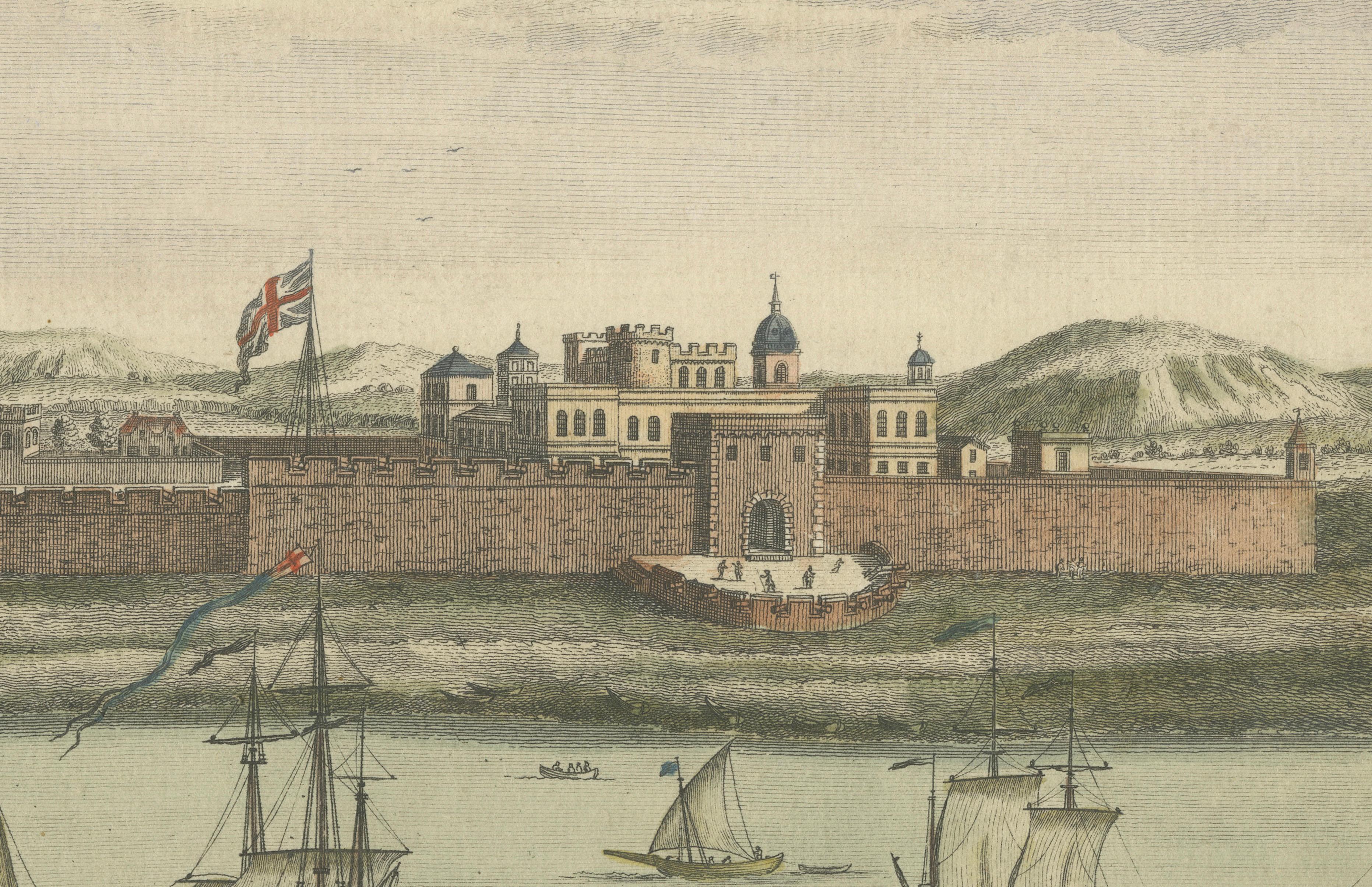Fort St. George an der Coromandel-Küste - Handkolorierter Kupferstich von Sayer, 1754 (Französisch) im Angebot
