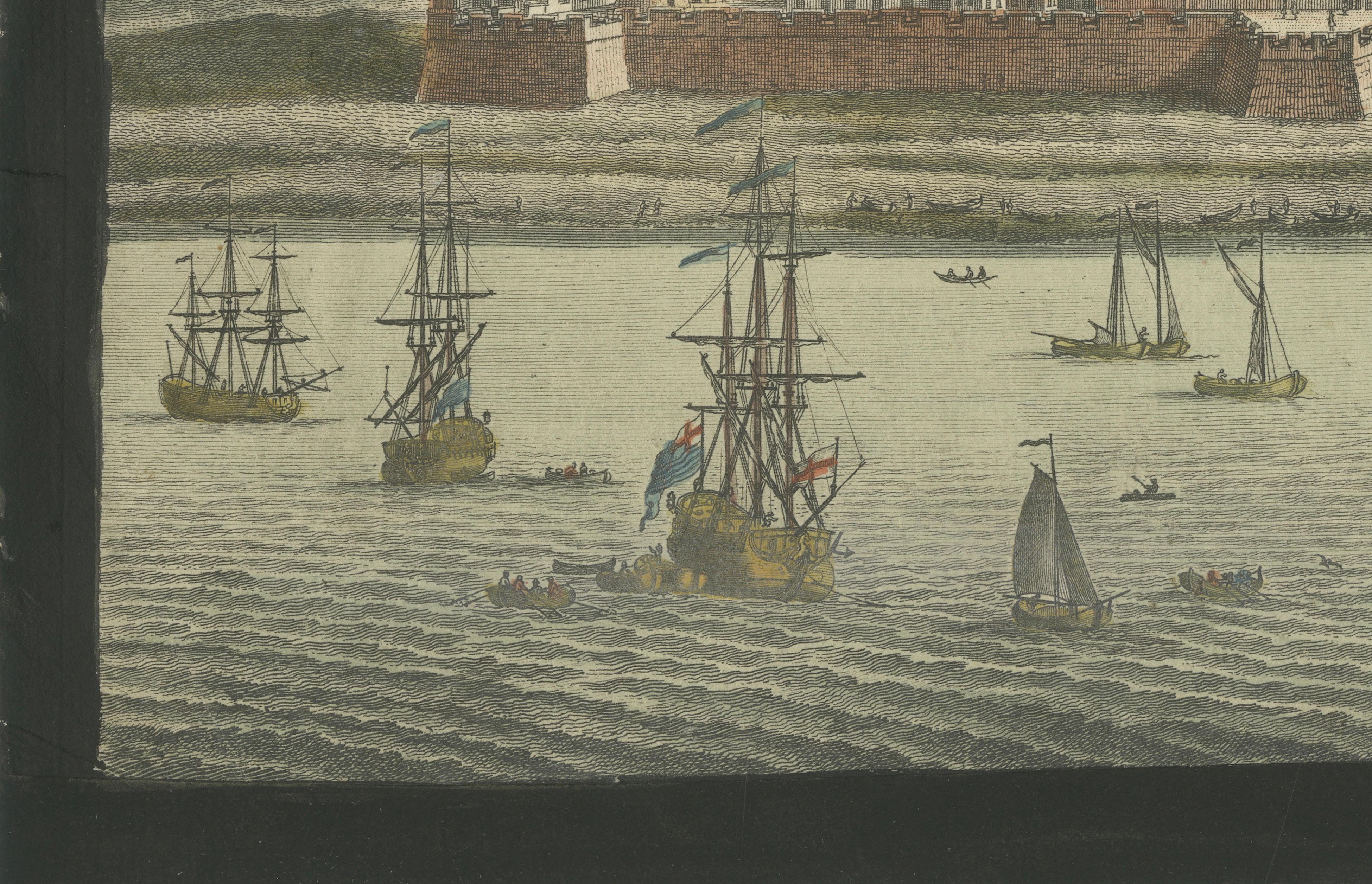 Fort St. George an der Coromandel-Küste - Handkolorierter Kupferstich von Sayer, 1754 im Zustand „Relativ gut“ im Angebot in Langweer, NL
