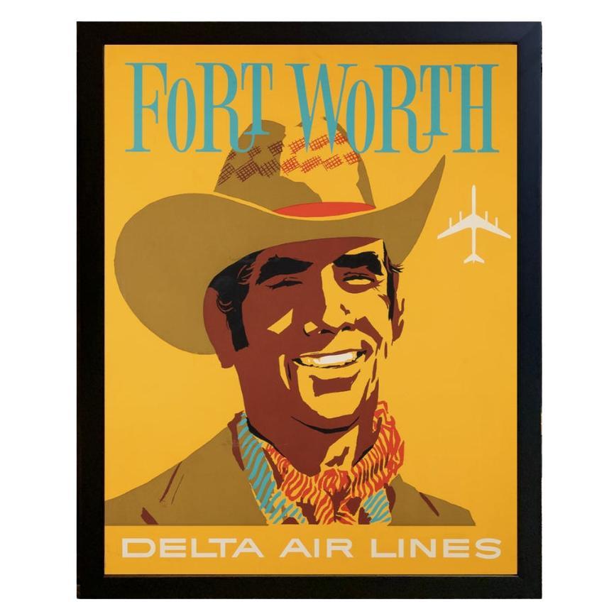 "Fort Worth" Affiche de voyage Delta Airlines Vintage par John Hardy, circa 1950s en vente