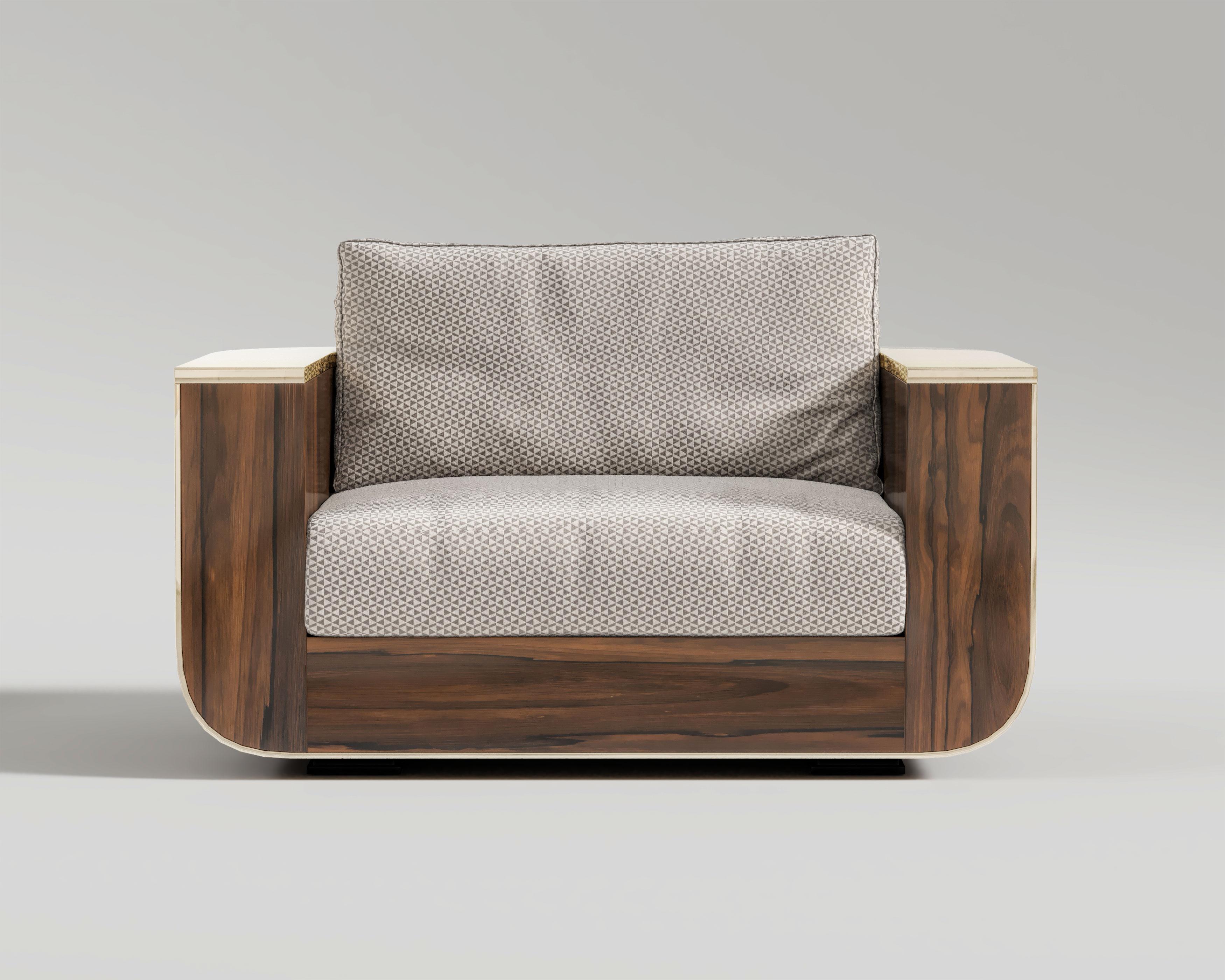 Forte Sofa Eucalyptus

The Forte Lounge Chair is an artisanal piece of contemporary design, with a walnut frame beautifully highlighted with polished bronze accents. Luxury is added to the opulence. Its smooth edges and cozy materials distribute