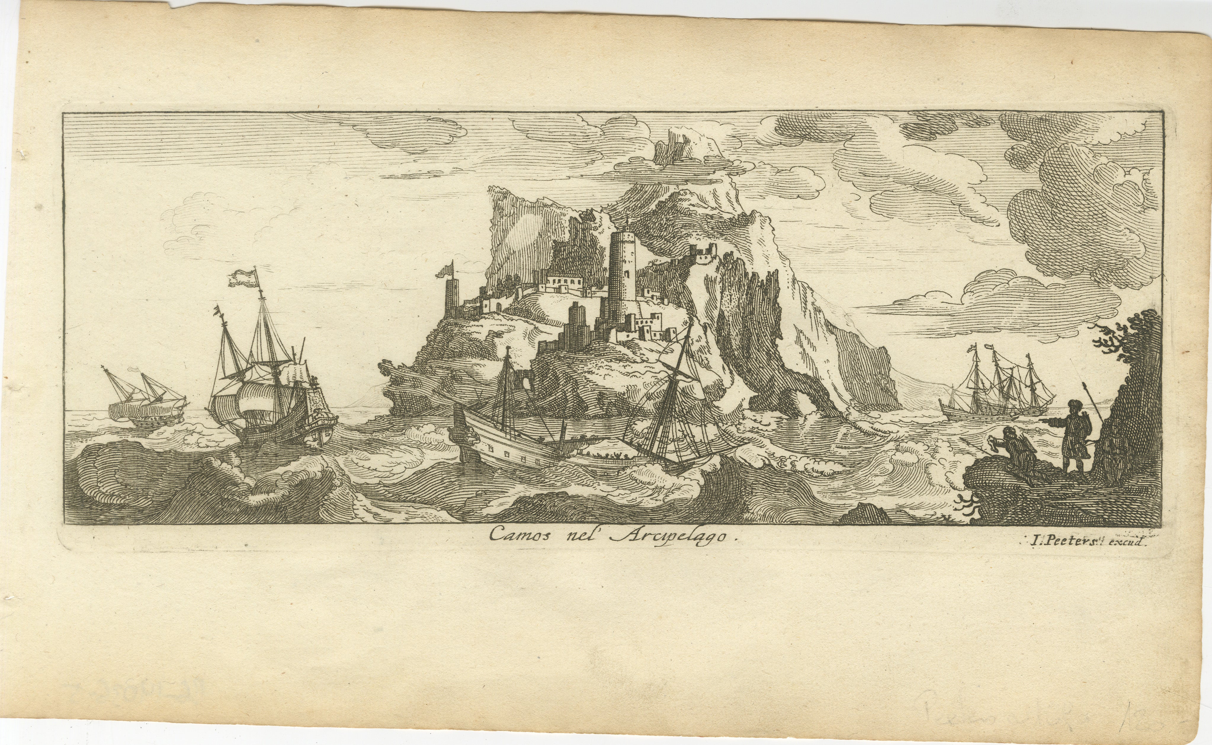 Título:   Isla fortificada en el archipiélago Egeo con barcos en el mar, hacia 1680  

Descripción:  
Este grabado en cobre representa una dramática escena de una isla fortificada que surge del mar, rodeada de barcos que navegan por aguas bravas en