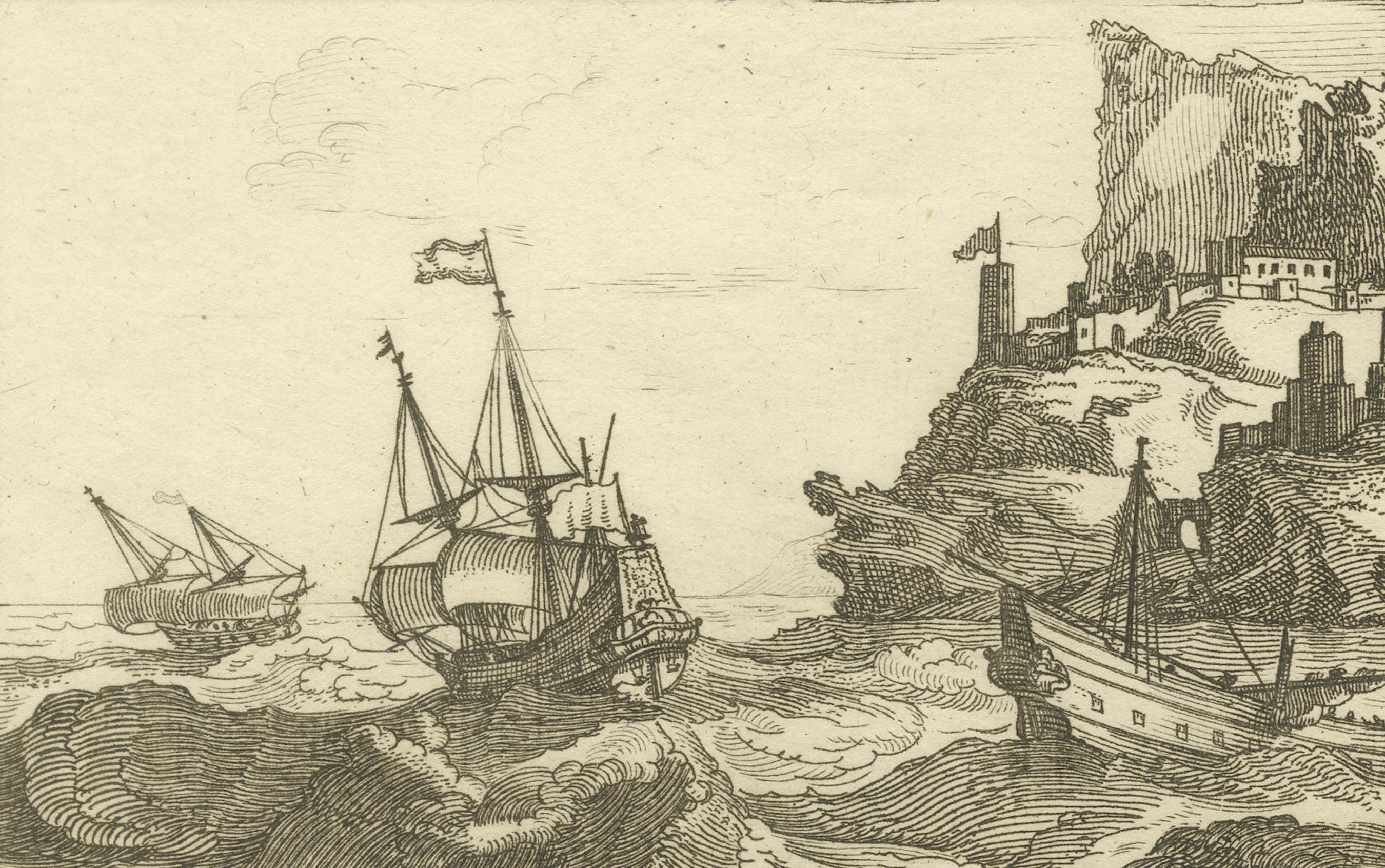 Isla fortificada en el archipiélago Egeo con barcos en el mar, hacia 1680 Grabado en venta