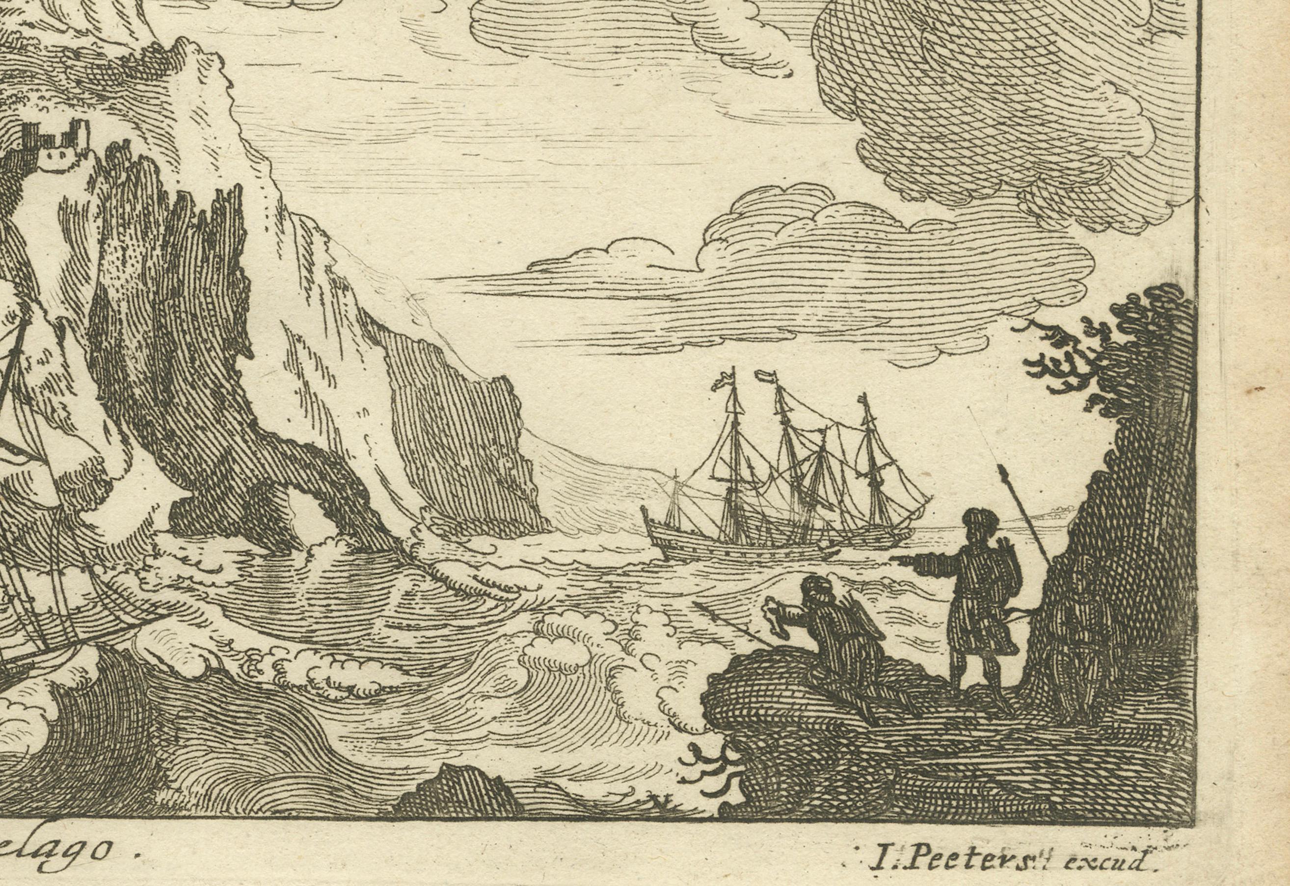 Isla fortificada en el archipiélago Egeo con barcos en el mar, hacia 1680 en Bueno estado para la venta en Langweer, NL