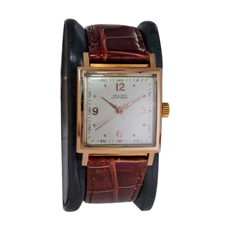 Fortis 18kT. Rose Gold Art Deco Watch with Original Dial and Hands from 1950's In Excellent Condition For Sale In Long Beach, CA