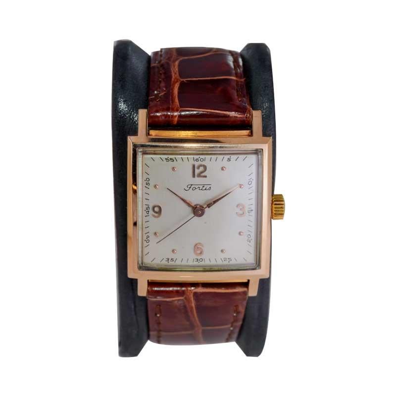 Fortis 18kT. Rose Gold Art Deco Watch with Original Dial and Hands from 1950's For Sale 1