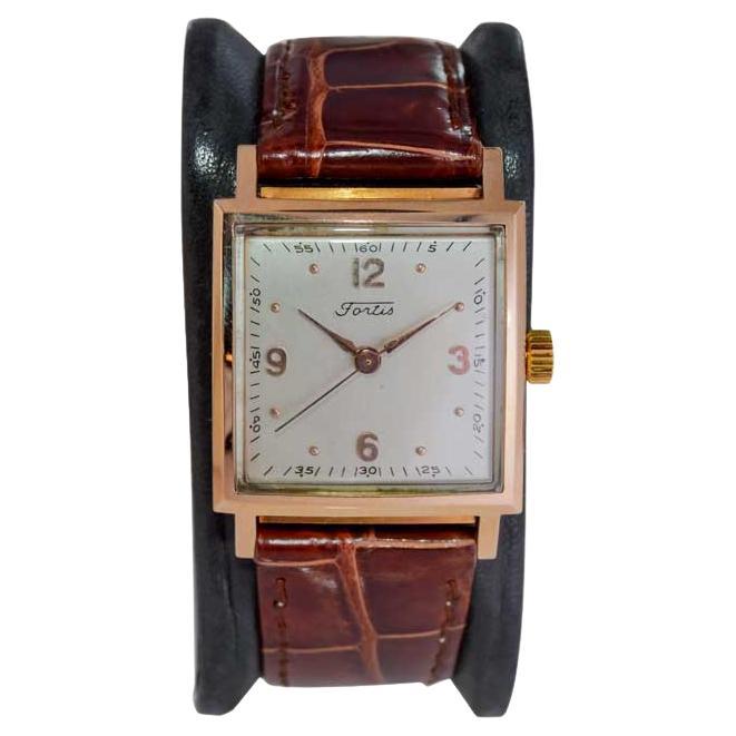 Fortis 18kT. Roségold Art-Déco-Uhr mit Original-Zifferblatt und Griffen aus den 1950er Jahren