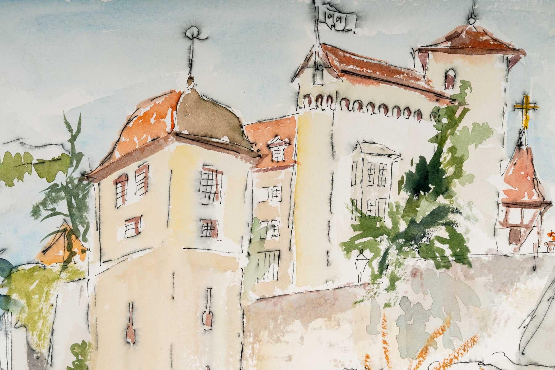 French Fortress and Landscape, Watercolour on Paper by Luez