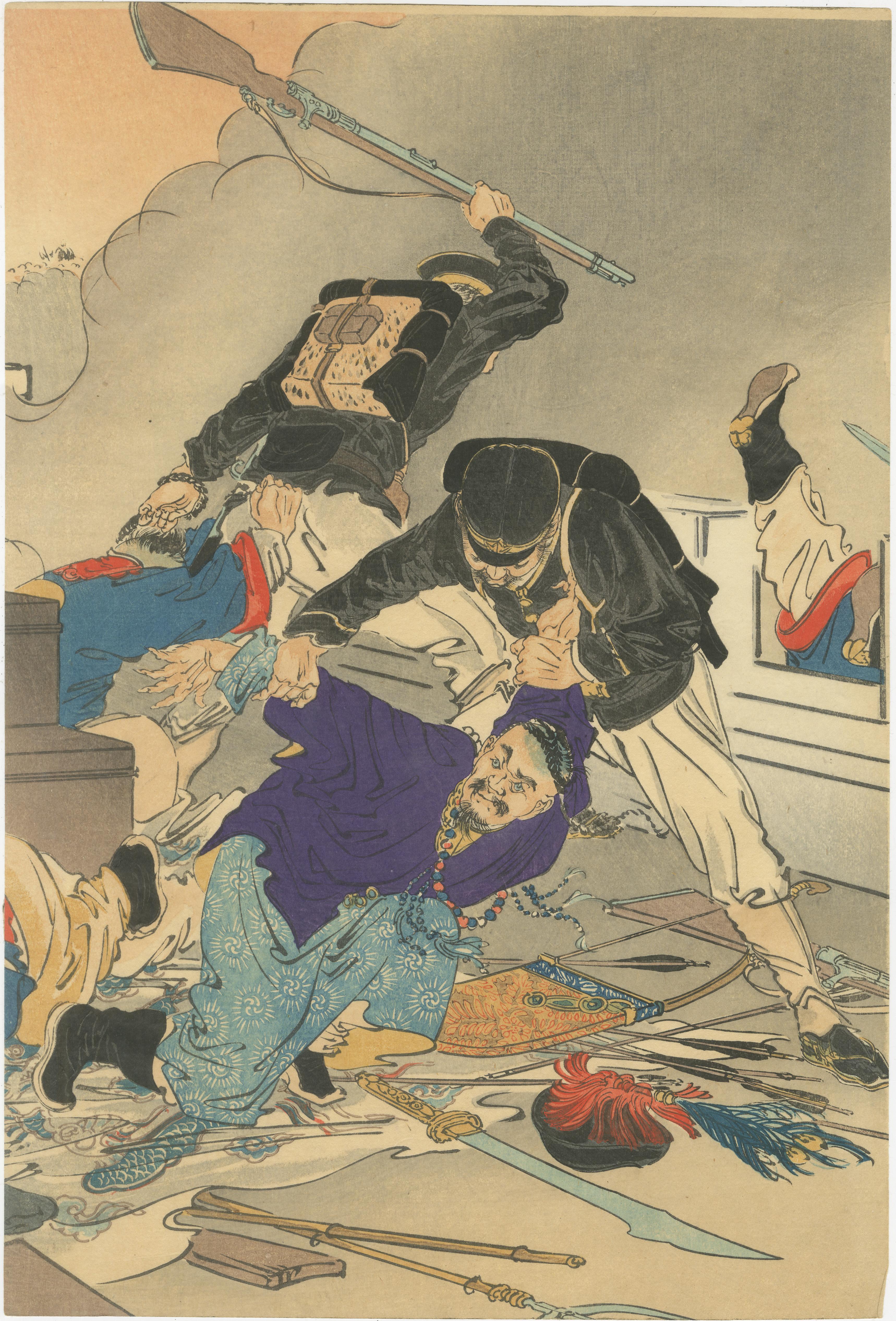 Fortress Assault Triptych – 1894 Japanese Meiji War Woodblock by Gekko (Japanisch) im Angebot