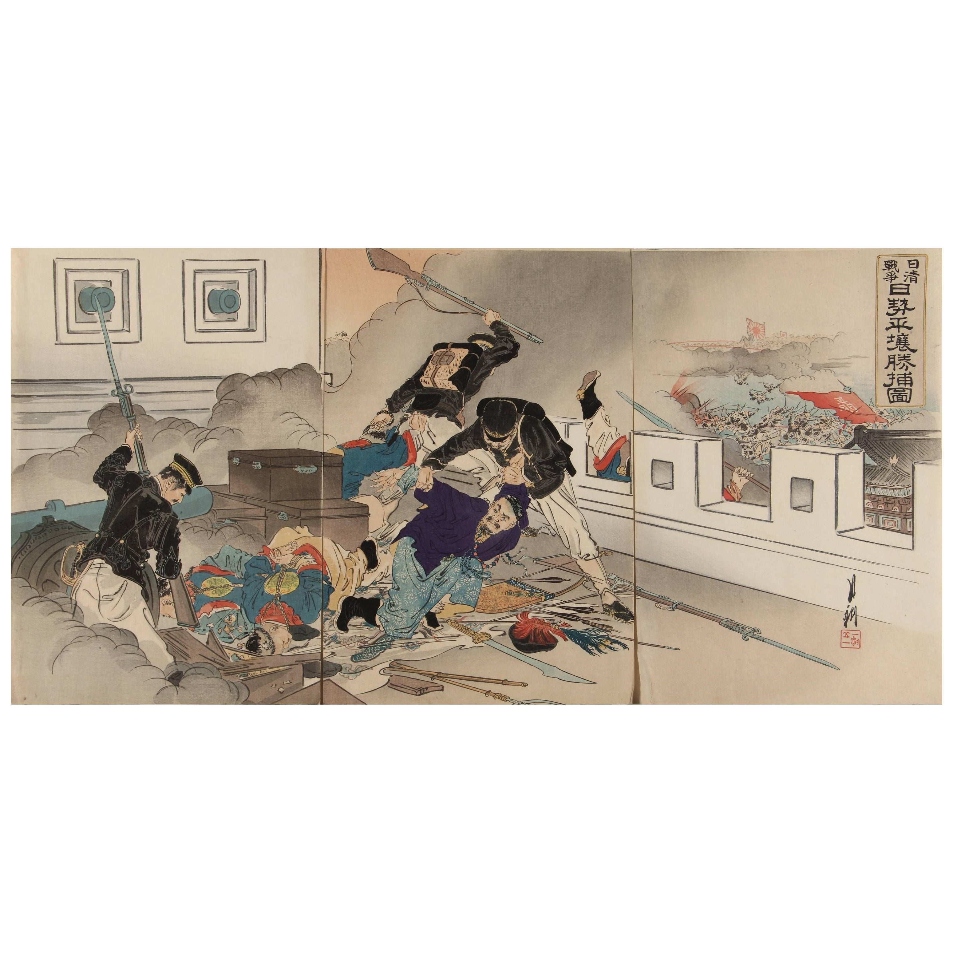 Fortress Assault Triptych – 1894 Japanese Meiji War Woodblock by Gekko