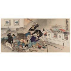 Fortress Assault Triptych – 1894 Japanese Meiji War Woodblock by Gekko
