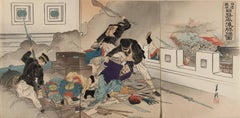 Fortress Assault Triptych – 1894 Japanese Meiji War Woodblock by Gekko