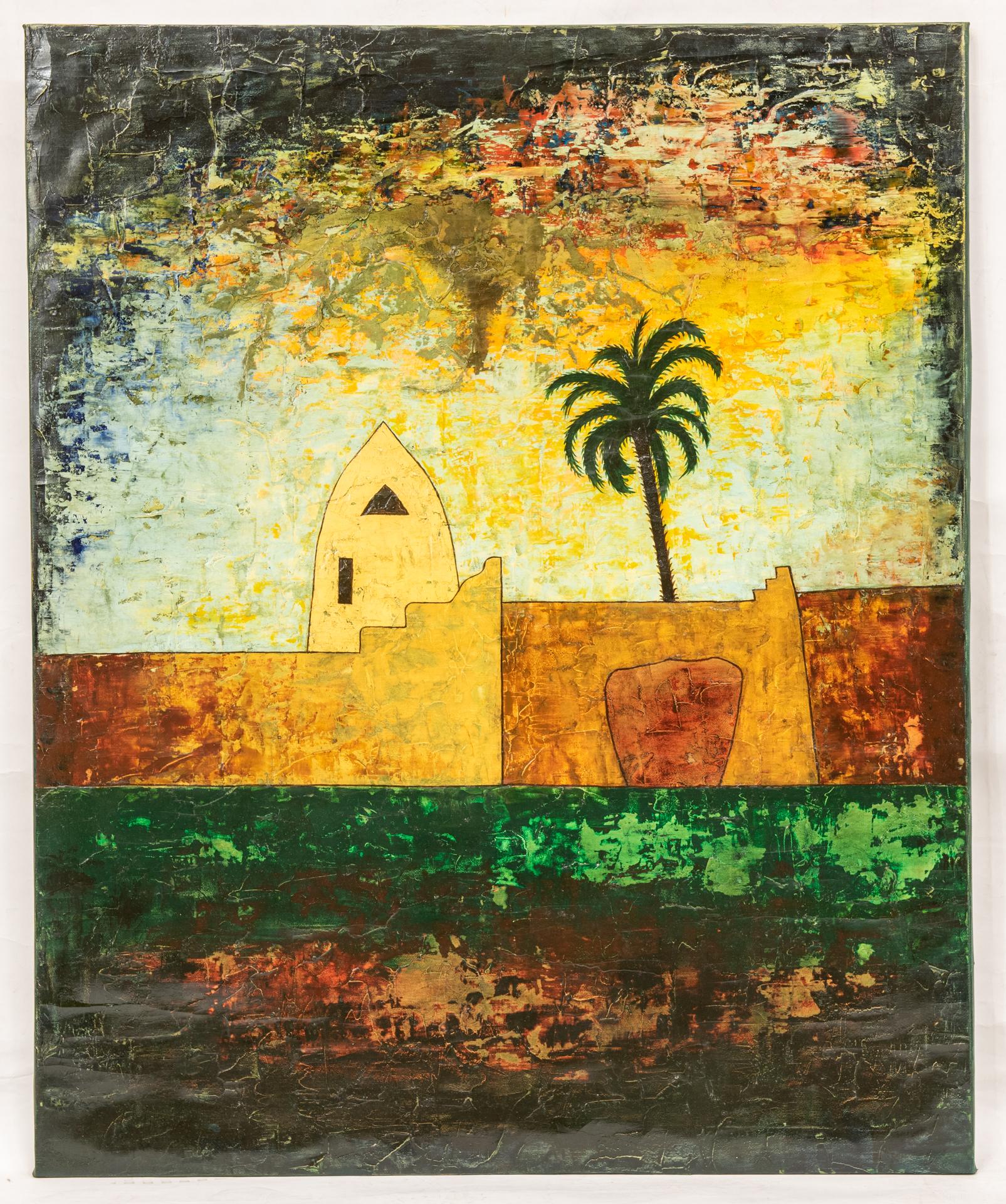 „Fortress in Oasis“ Segeltuch Handgemälde (Italienisch) im Angebot