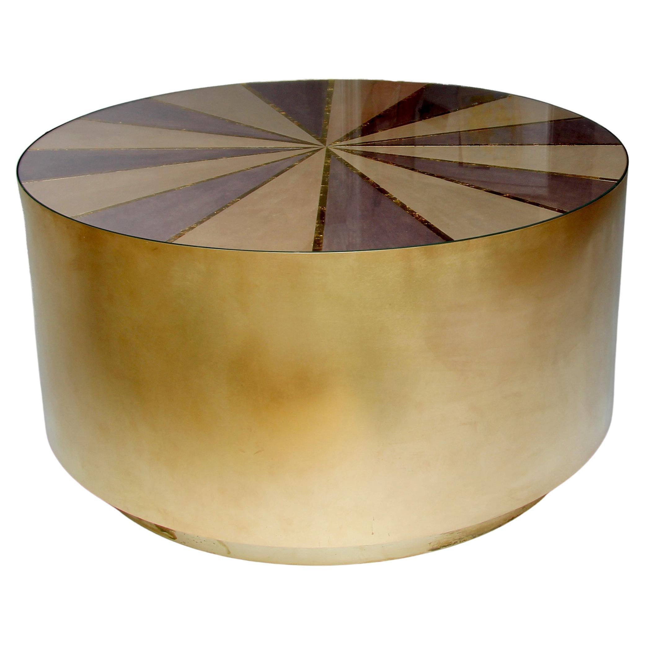 "Fortuna" Metallic Marquetry Brushed Brass Circular Coffee Table For Sale