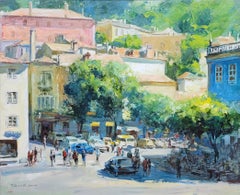 Sintra, Main Square, 1980 Painting by Fortunato Anjos, Portugal Street Scene