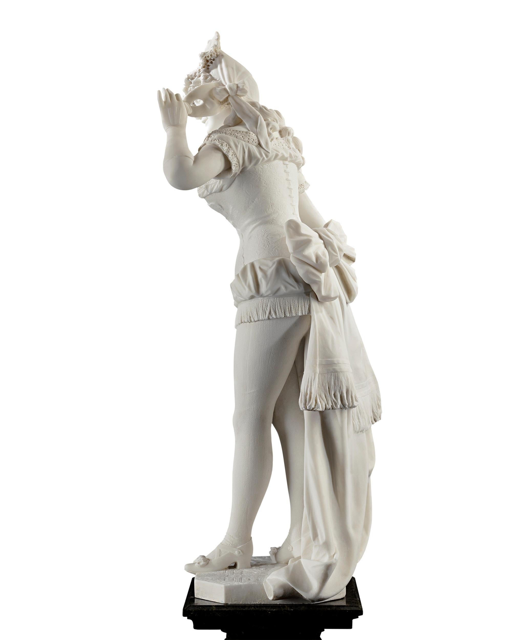 Masquerade, a traditional yet playful composition by Fortunato Galli, reflects the realism and intricacy that defined Italian sculpture at the end of the 19th century. Magnificently carved, the monumental work captures a beautiful woman at a