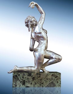 Art Nouveau Female Nude Bronze Sculpture, "Oriental Ball Dancer" in Silver