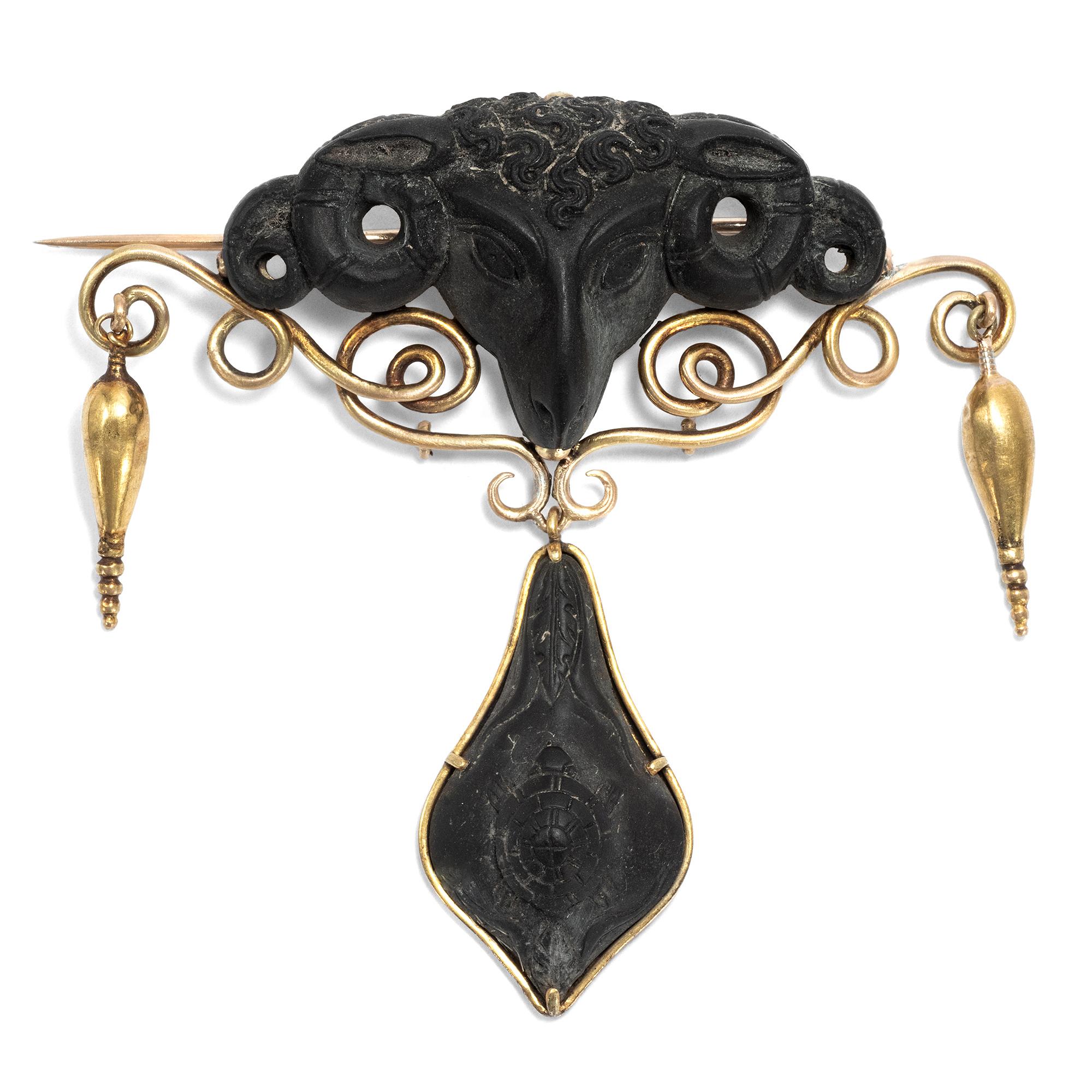 Castellani (Attr.) Etruscan Necklace and Brooch, Lava & Gold, Italy, circa 1850 5