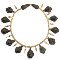 Castellani (Attr.) Etruscan Necklace and Brooch, Lava & Gold, Italy, circa 1850