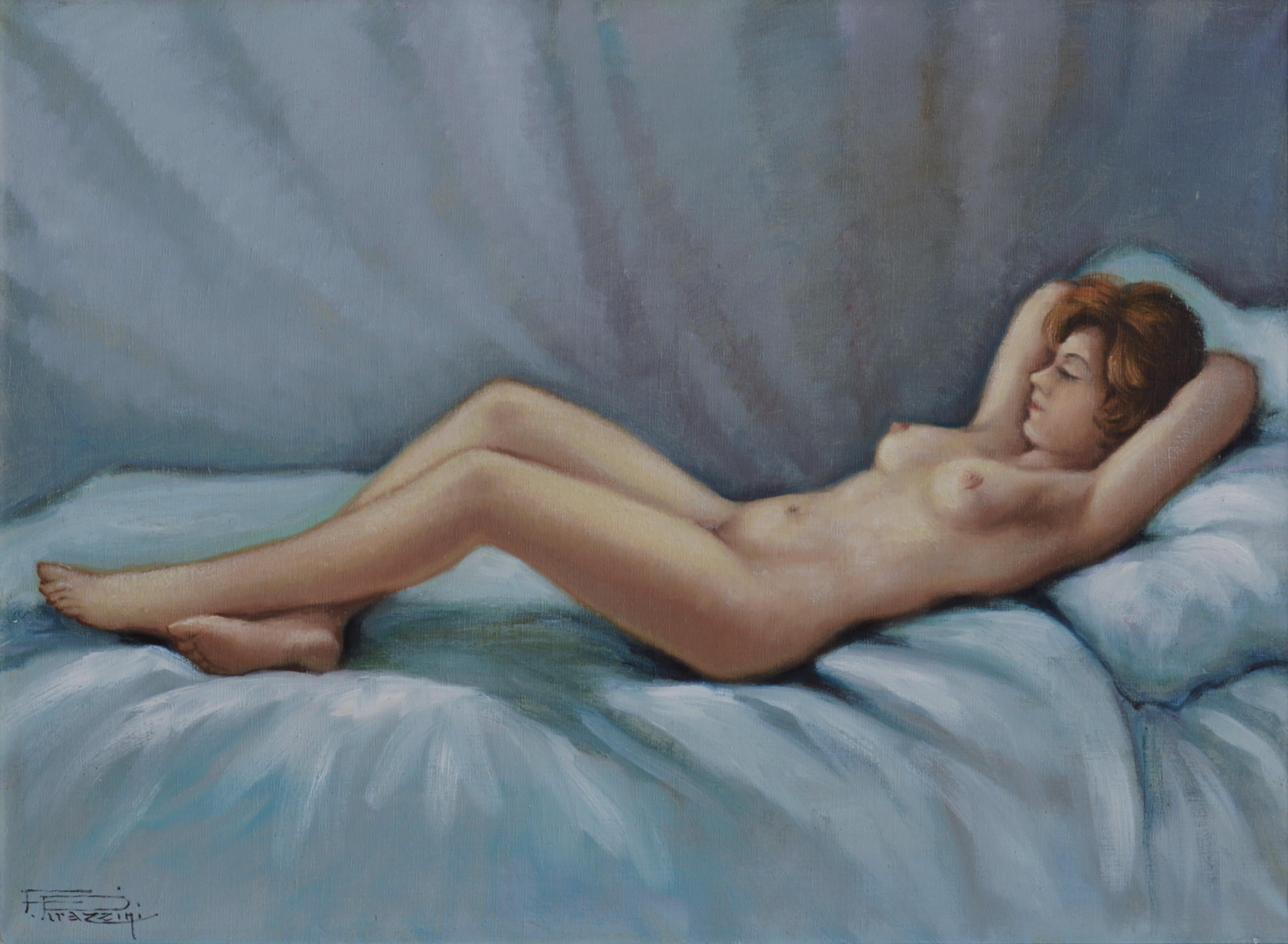 School of Paris, Sleeping Woman, Nude, Oil on Canvas - Painting by Fortunato Pirazzini