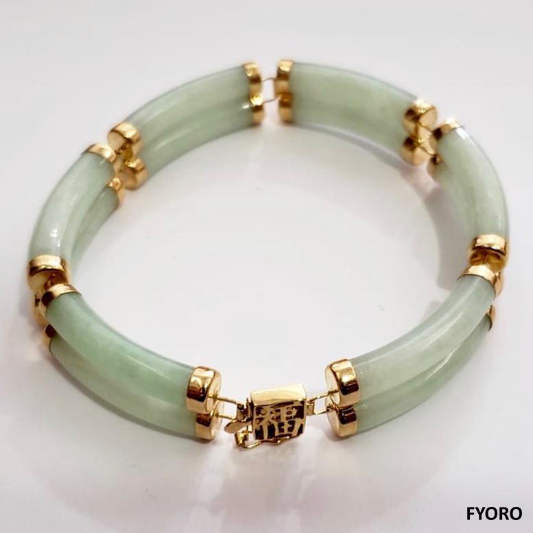 Fortune A-Jade Bracelet Double Bars with 14K Solid Yellow Gold links and clasp For Sale 3