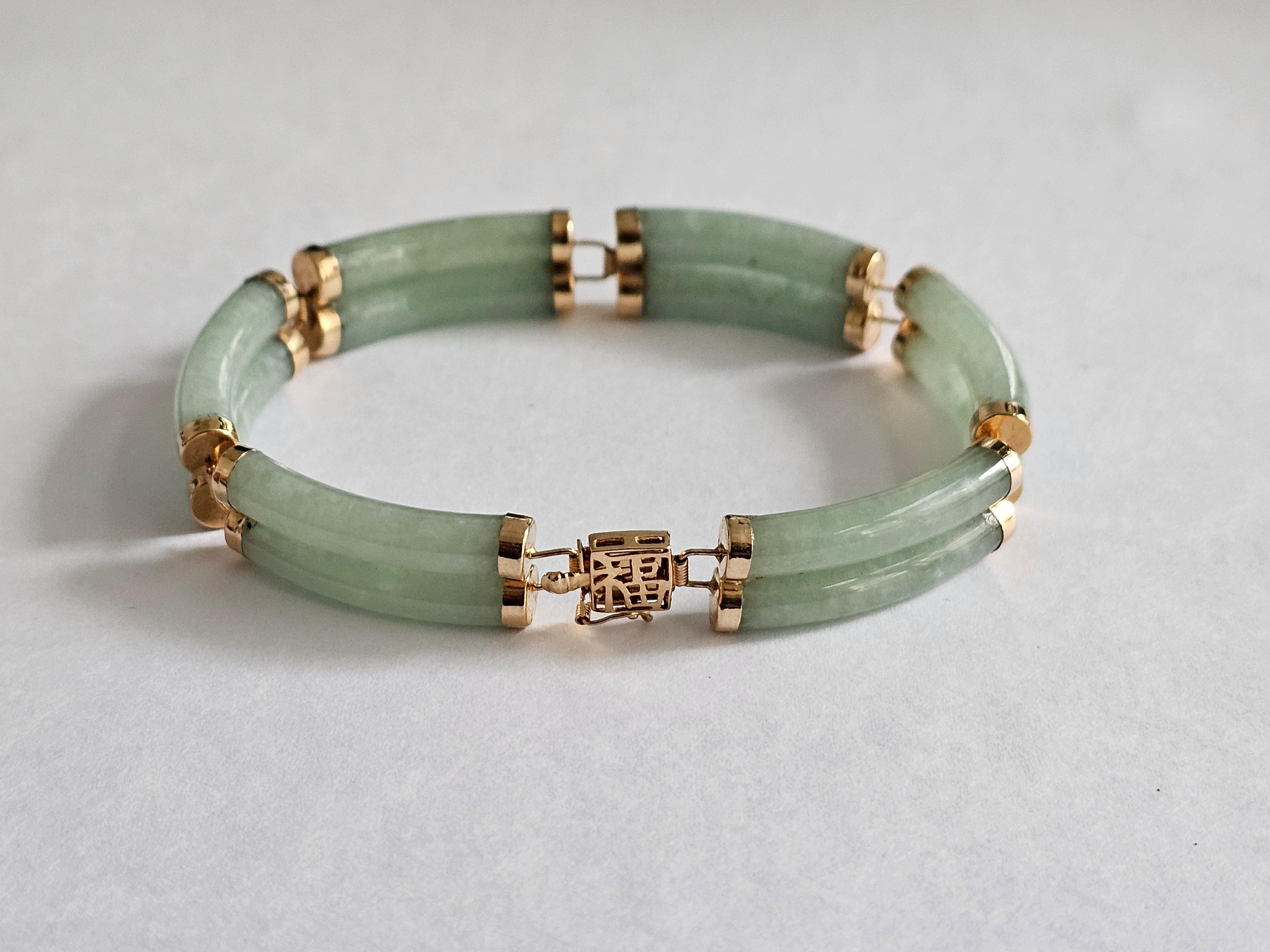 Cabochon Fortune A-Jade Bracelet Double Bars with 14K Solid Yellow Gold links and clasp For Sale