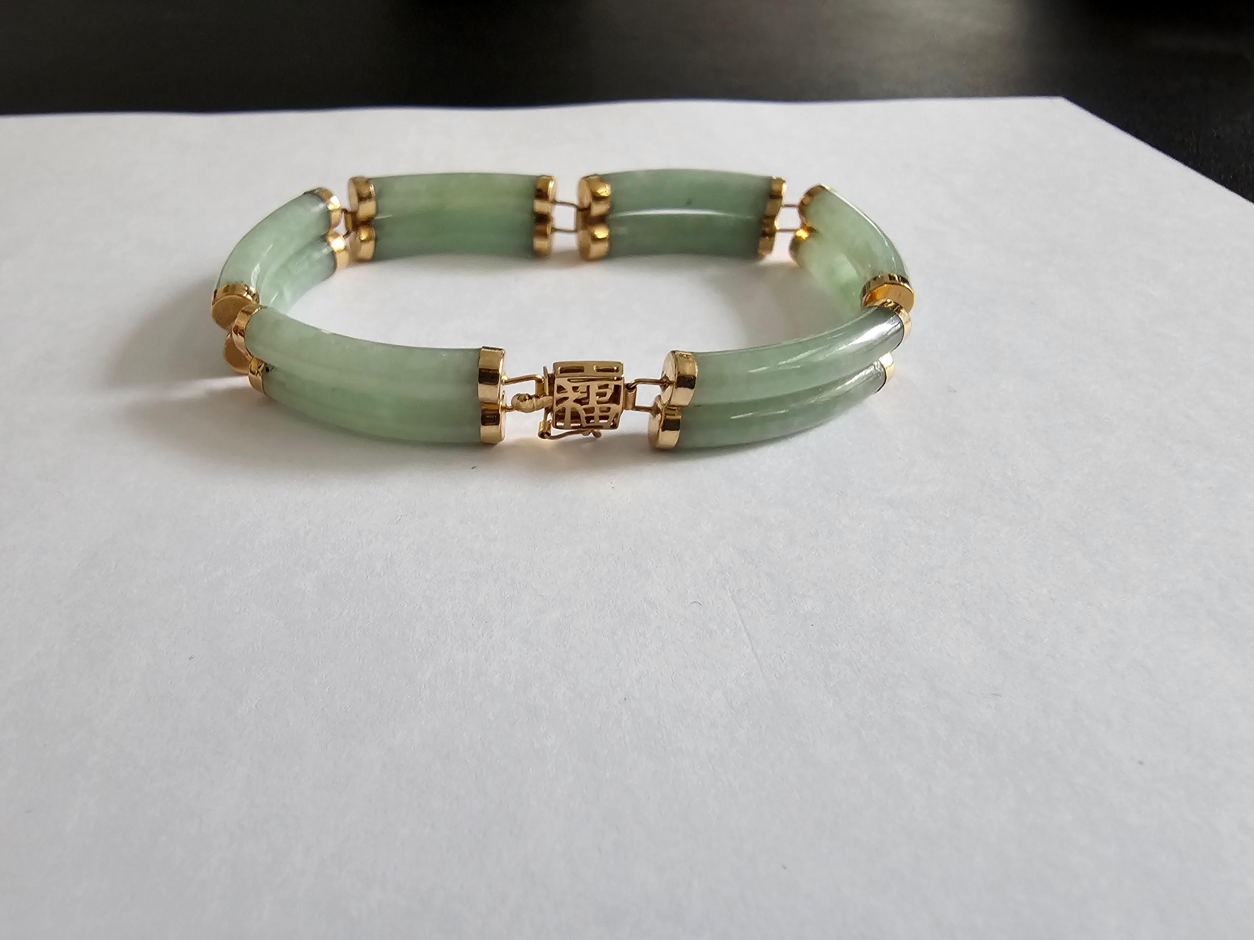 Women's or Men's Fortune A-Jade Bracelet Double Bars with 14K Solid Yellow Gold links and clasp For Sale