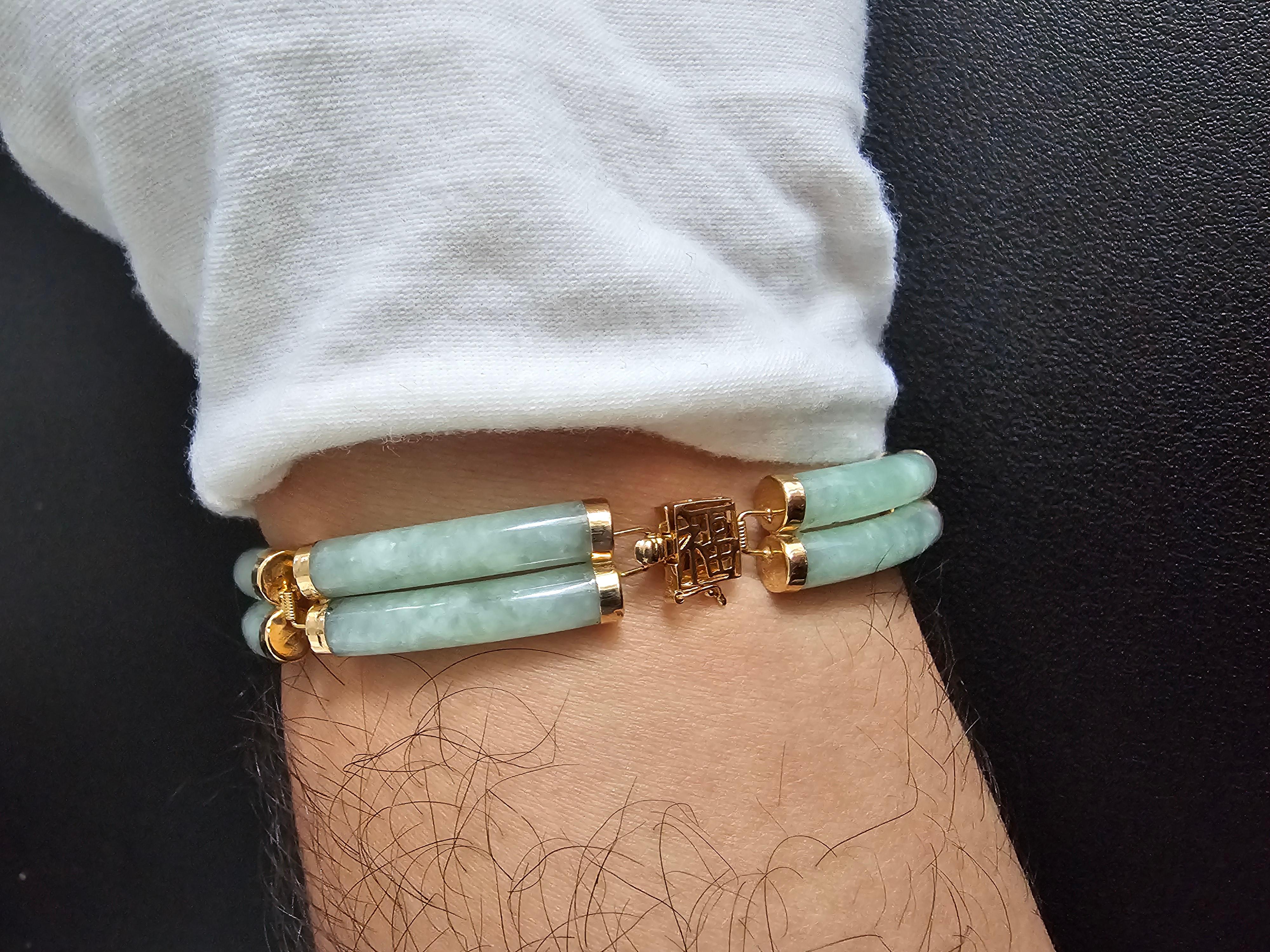 Fortune A-Jade Bracelet Double Bars with 14K Solid Yellow Gold links and clasp For Sale 1
