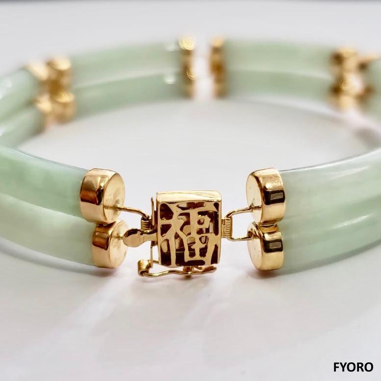 Fortune A-Jade Bracelet Double Bars with 14K Solid Yellow Gold links and clasp For Sale 3