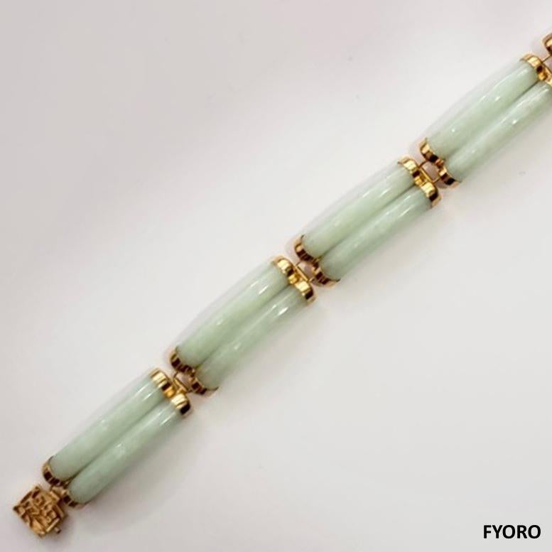 Fortune A-Jade Bracelet Double Bars with 14K Solid Yellow Gold links and clasp For Sale 2