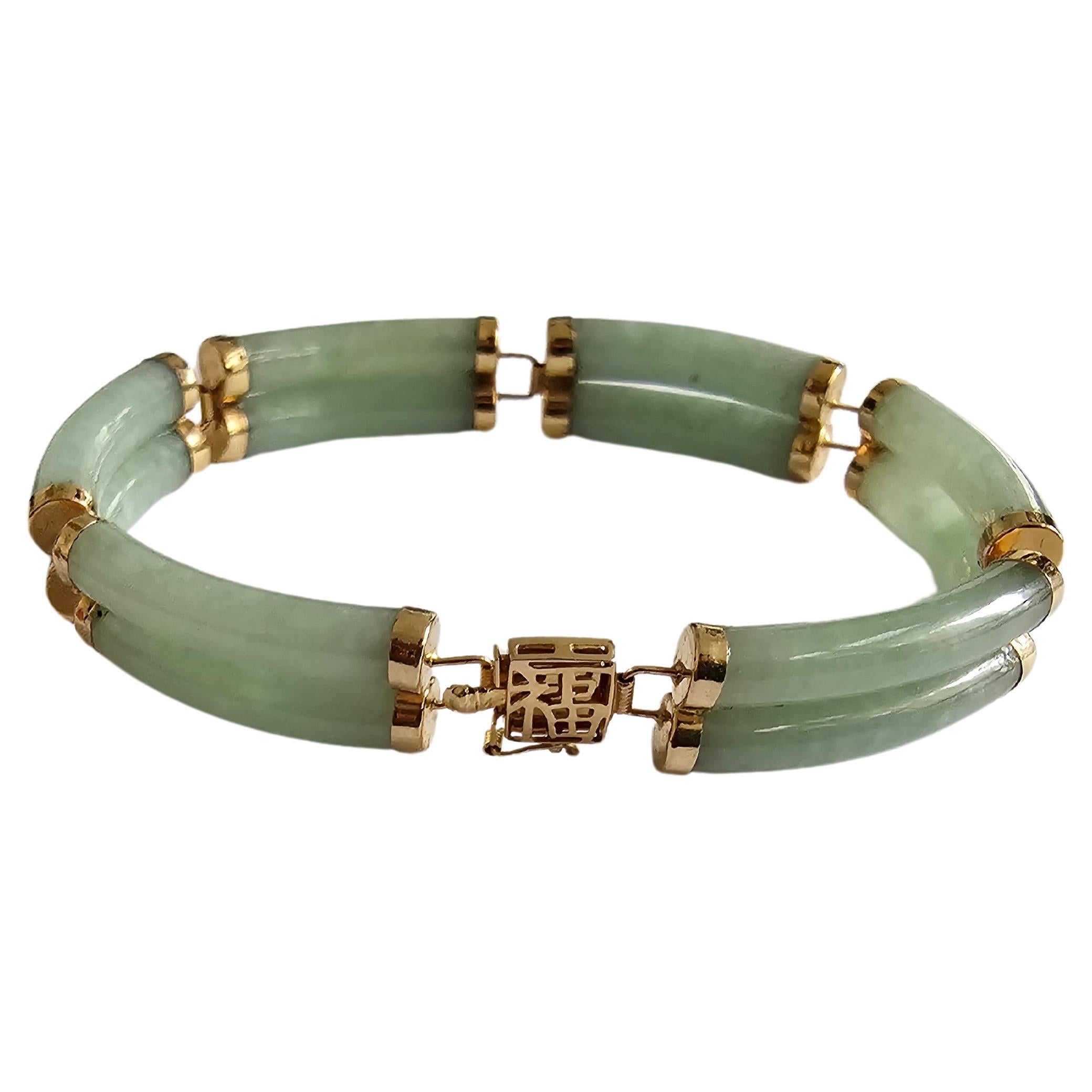 Fortune A-Jade Bracelet Double Bars with 14K Solid Yellow Gold links and clasp For Sale