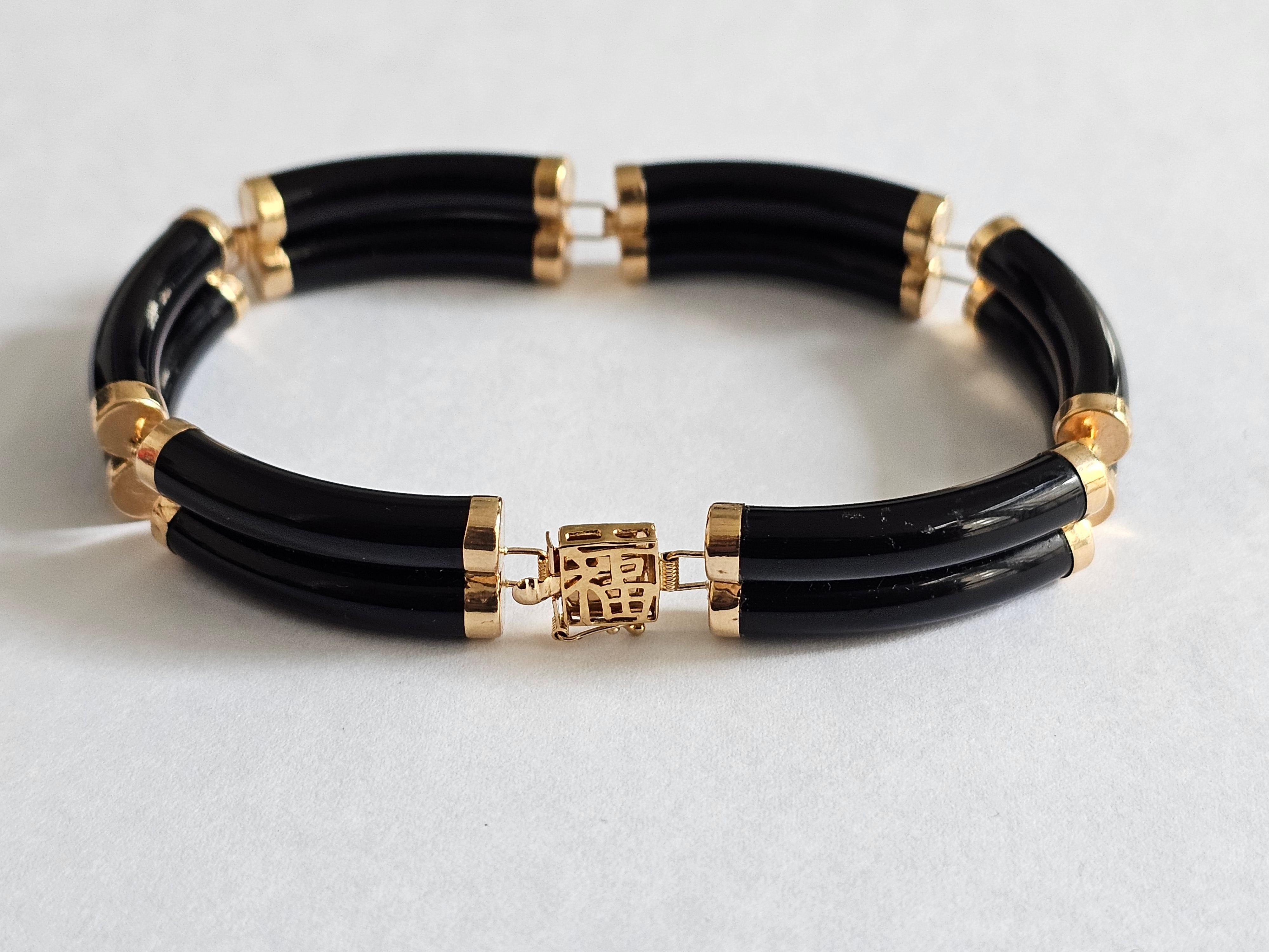 Fortune Black Onyx Bracelet Double Bars with 14K Solid Yellow Gold links Clasp For Sale 6