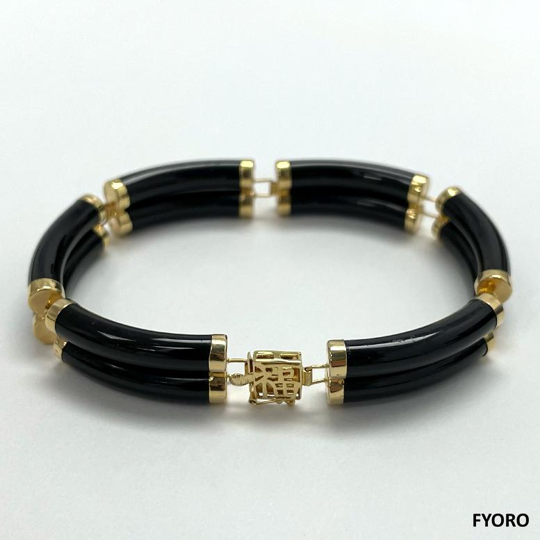 Cabochon Fortune Black Onyx Bracelet Double Bars with 14K Solid Yellow Gold links Clasp For Sale