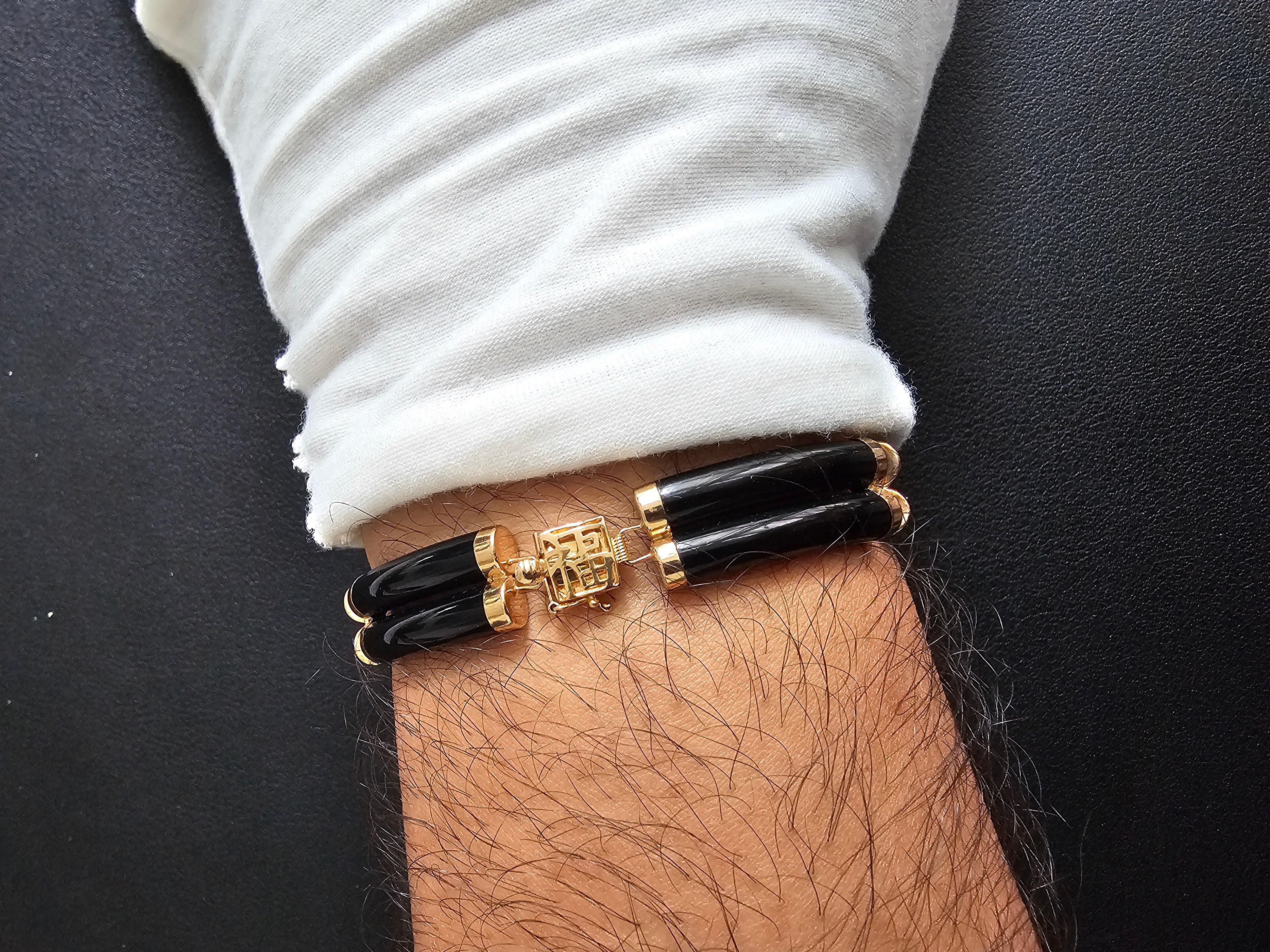 Fortune Black Onyx Bracelet Double Bars with 14K Solid Yellow Gold links Clasp In New Condition For Sale In Kowloon, HK