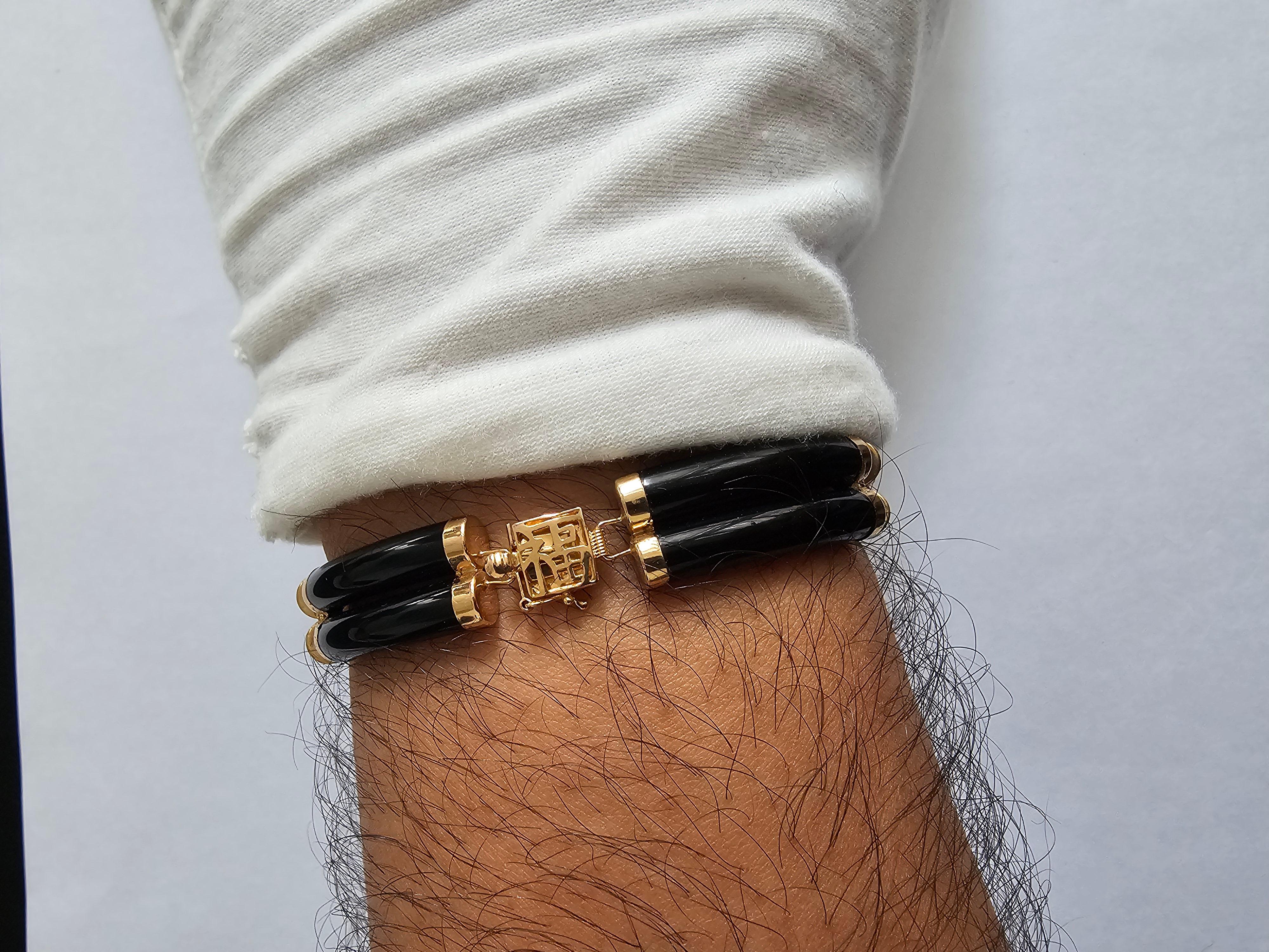 Women's or Men's Fortune Black Onyx Bracelet Double Bars with 14K Solid Yellow Gold links Clasp For Sale