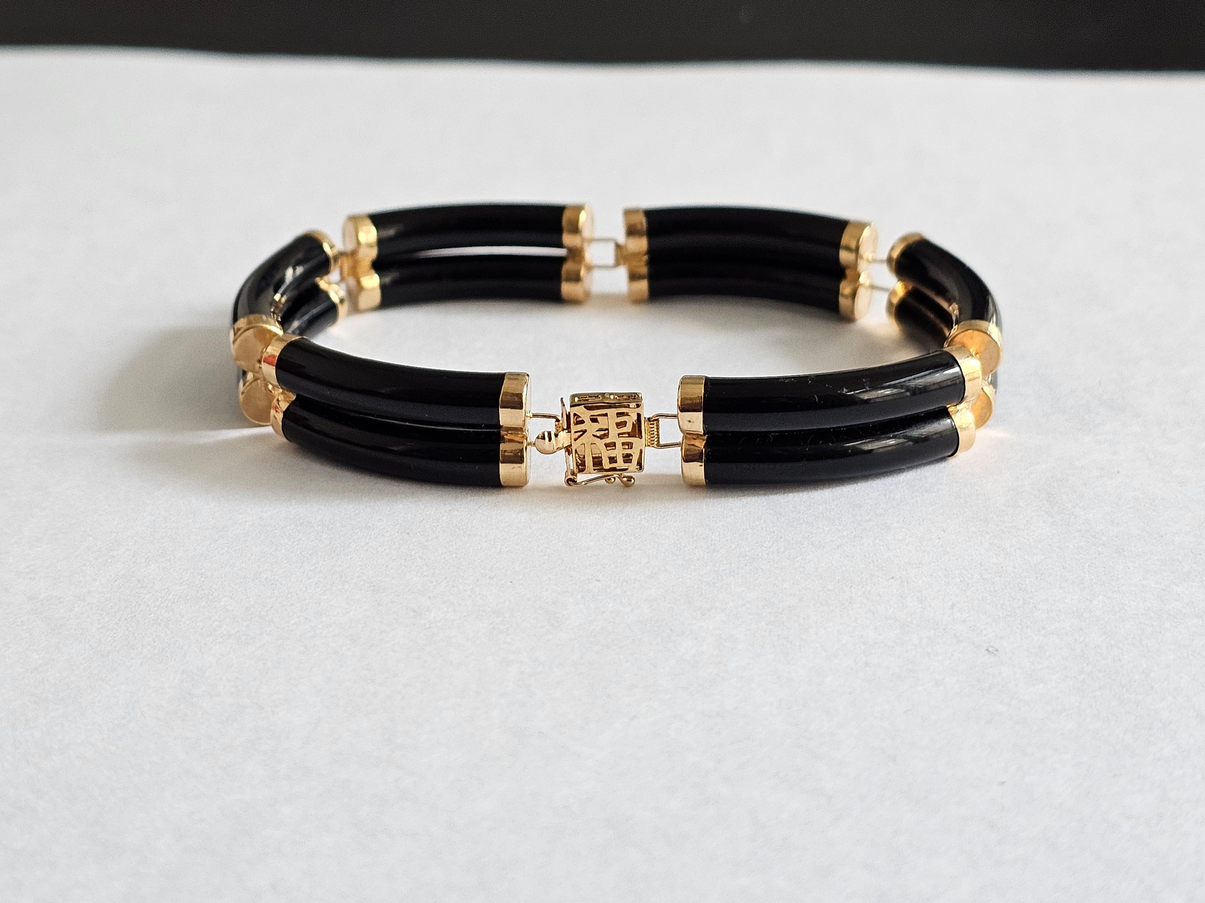 Fortune Black Onyx Bracelet Double Bars with 14K Solid Yellow Gold links Clasp For Sale 1