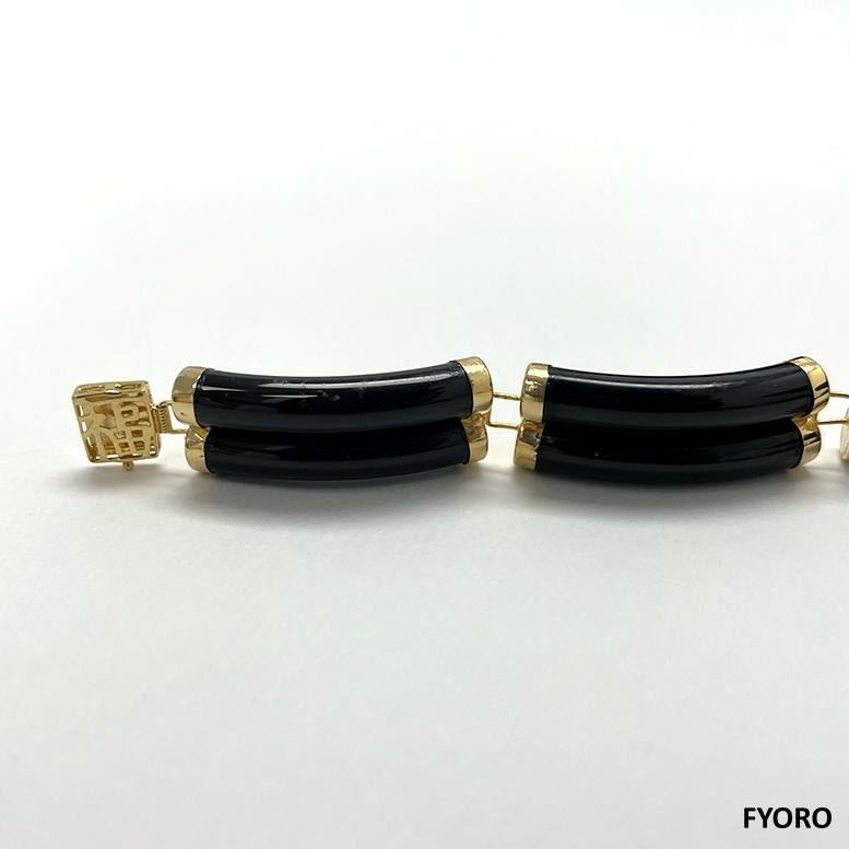 Fortune Black Onyx Bracelet Double Bars with 14K Solid Yellow Gold links Clasp For Sale 2