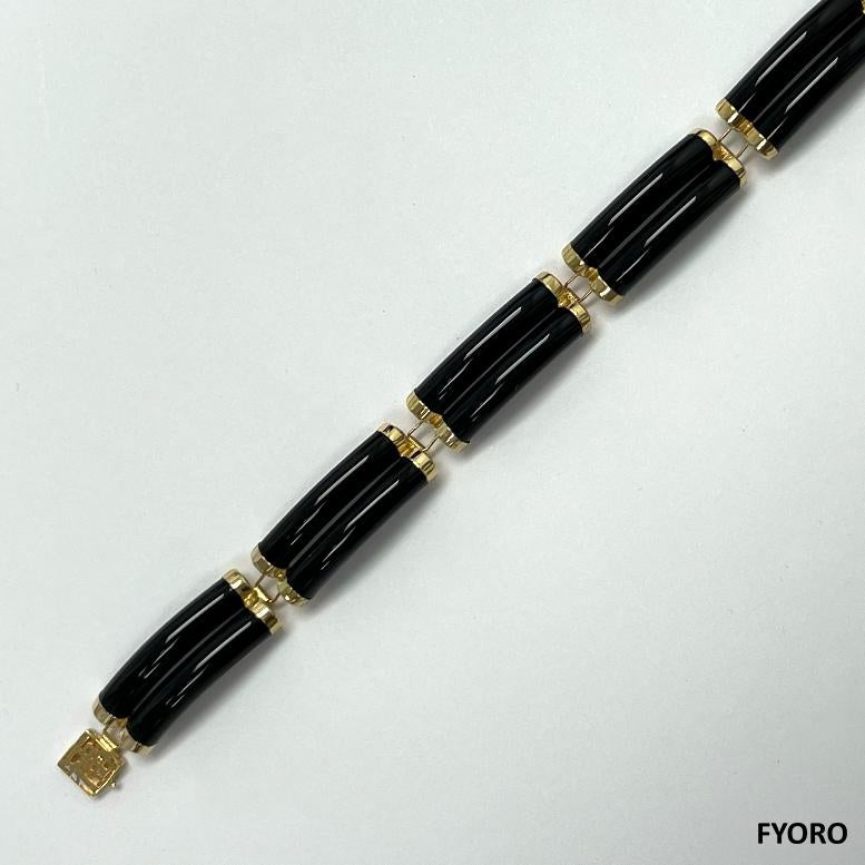 Fortune Black Onyx Bracelet Double Bars with 14K Solid Yellow Gold links Clasp For Sale 3
