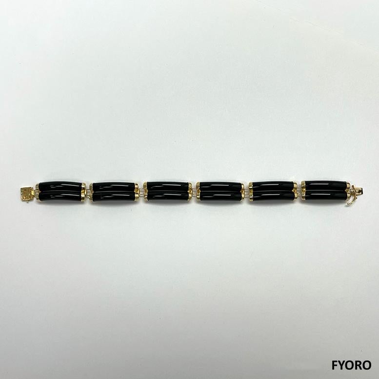 Fortune Black Onyx Bracelet Double Bars with 14K Solid Yellow Gold links Clasp For Sale 4