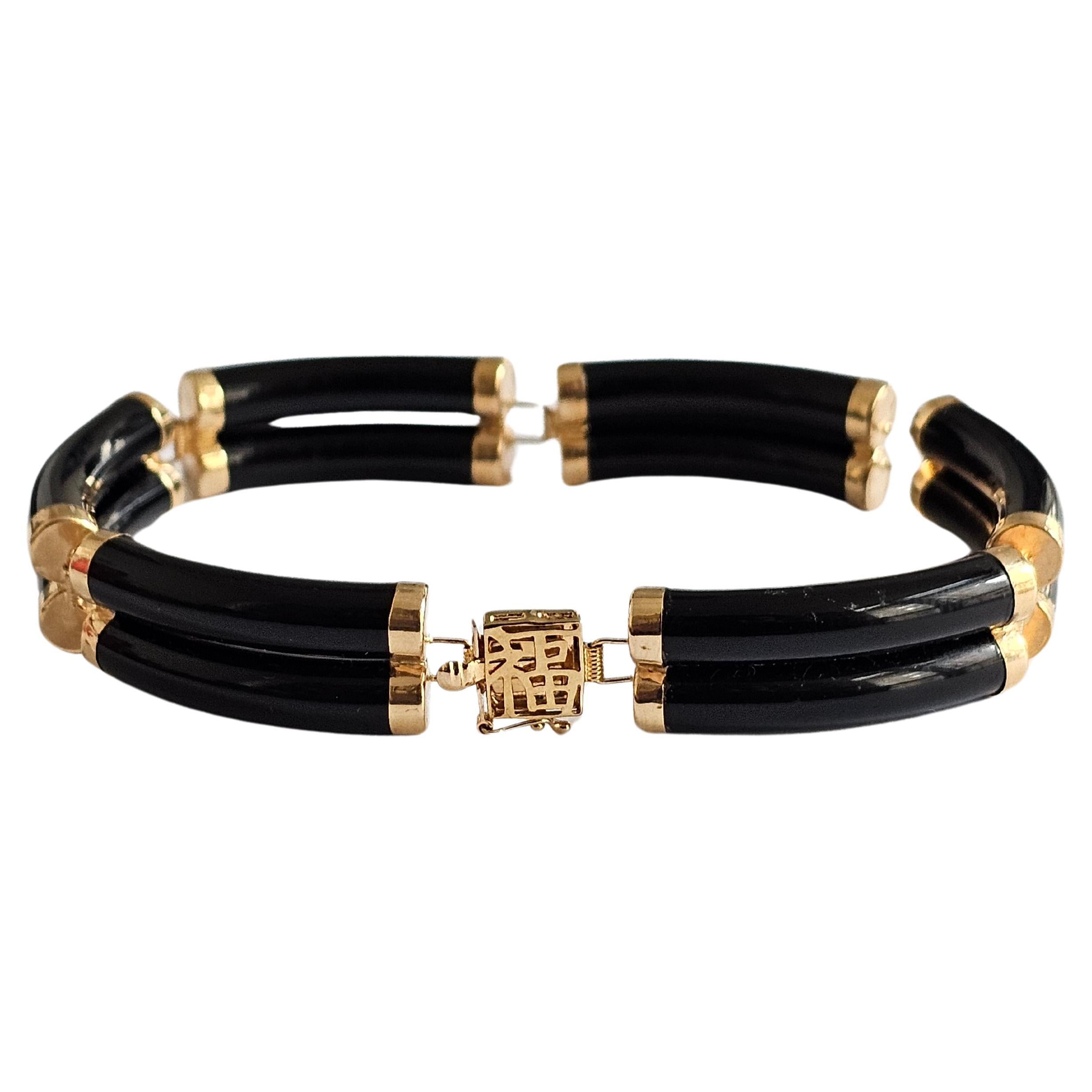 Fortune Black Onyx Bracelet Double Bars with 14K Solid Yellow Gold links Clasp For Sale