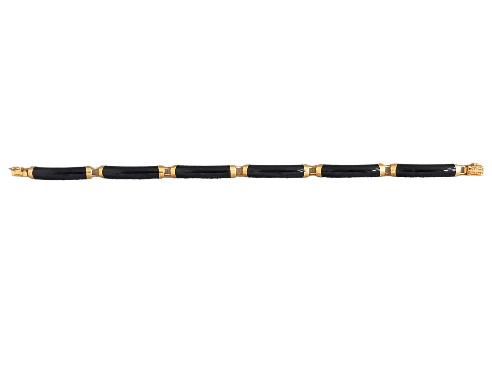 Fortune Black Onyx Tube Bars Bracelet with 14K Solid Yellow Gold links and clasp For Sale 6