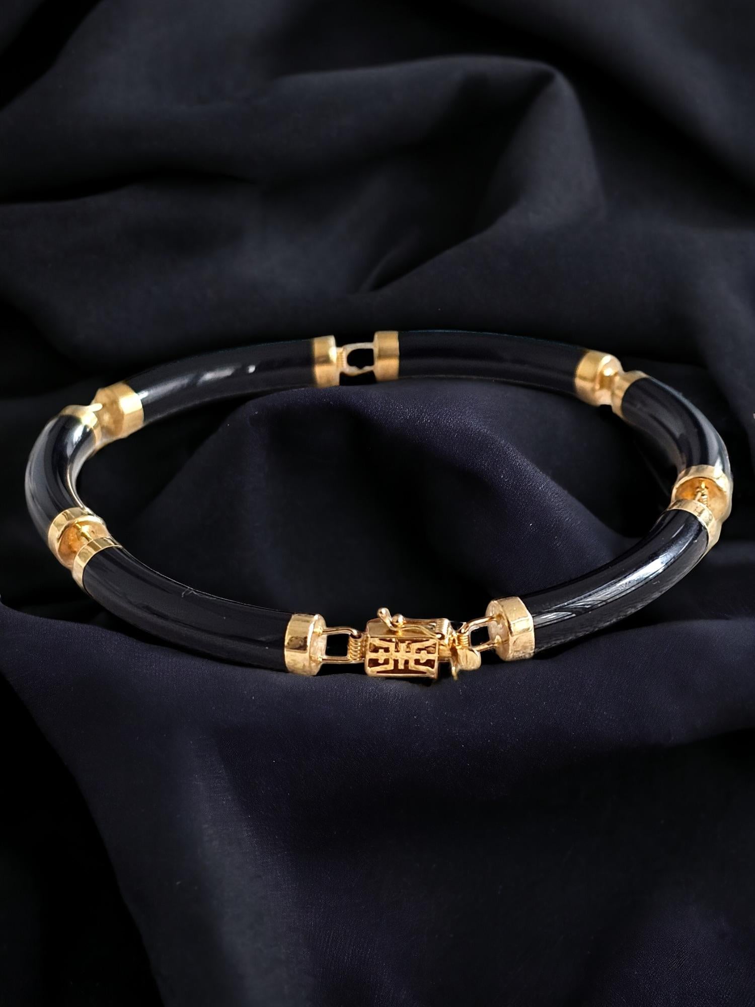 Women's or Men's Fortune Black Onyx Tube Bars Bracelet with 14K Solid Yellow Gold links and clasp For Sale