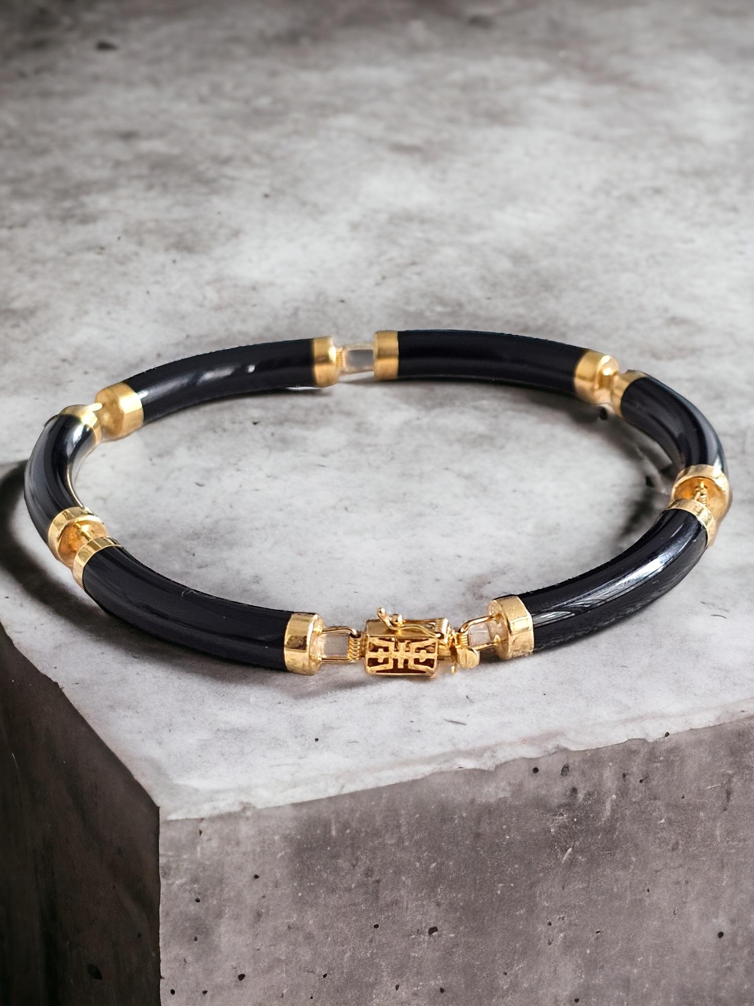 Cabochon Fortune Black Onyx Tube Bars Bracelet with 14K Solid Yellow Gold links and clasp For Sale