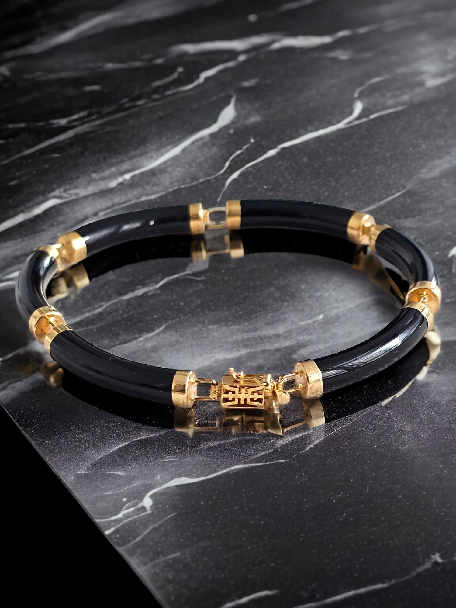 Fortune Black Onyx Tube Bars Bracelet with 14K Solid Yellow Gold links and clasp In New Condition For Sale In Kowloon, HK