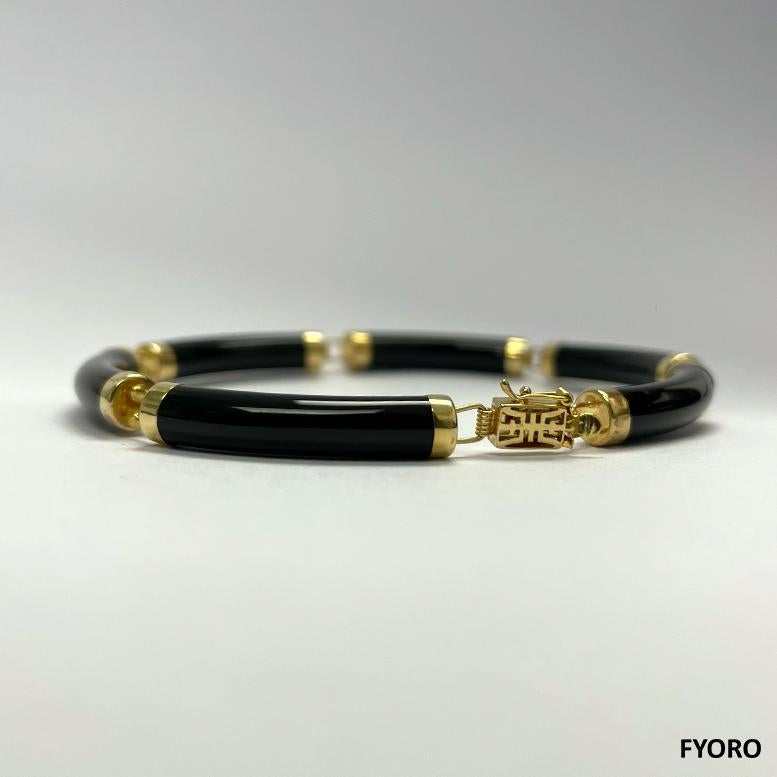 Fortune Black Onyx Tube Bars Bracelet with 14K Solid Yellow Gold links and clasp For Sale 1