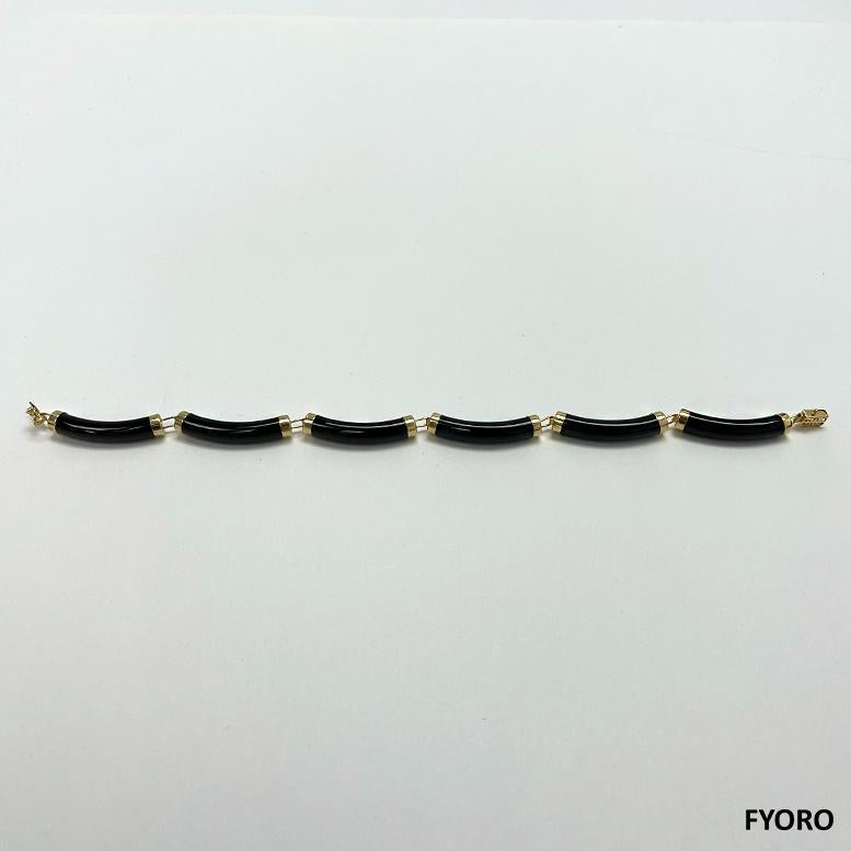 Fortune Black Onyx Tube Bars Bracelet with 14K Solid Yellow Gold links and clasp For Sale 3